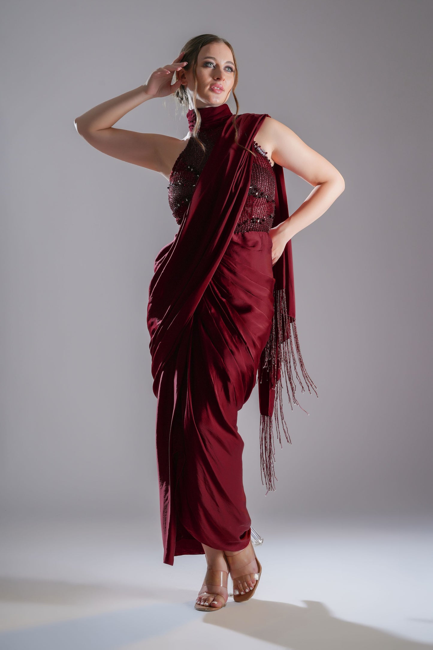 Red embellished draped saree