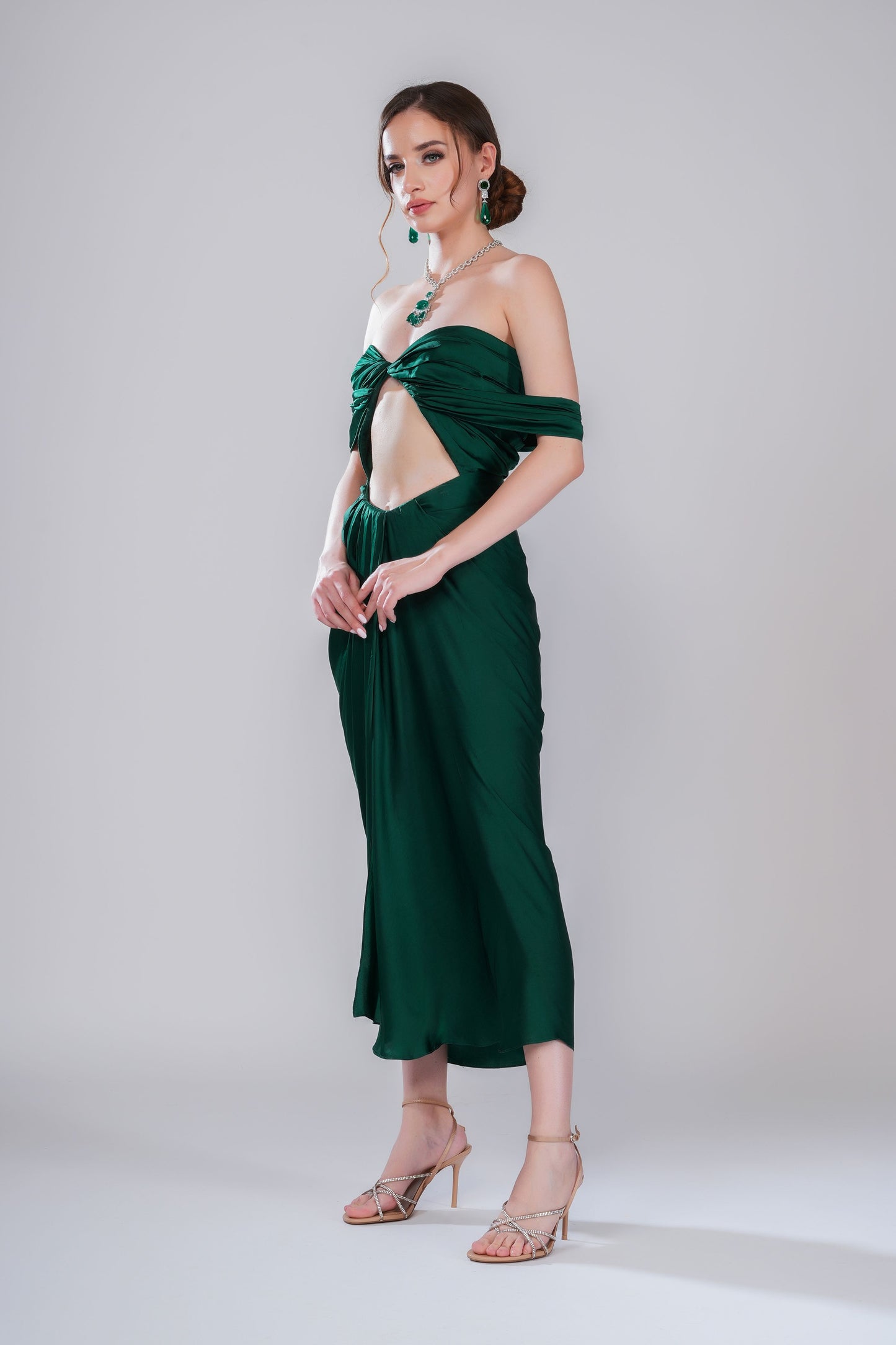 Green Off-Shoulder draped Evening Dress