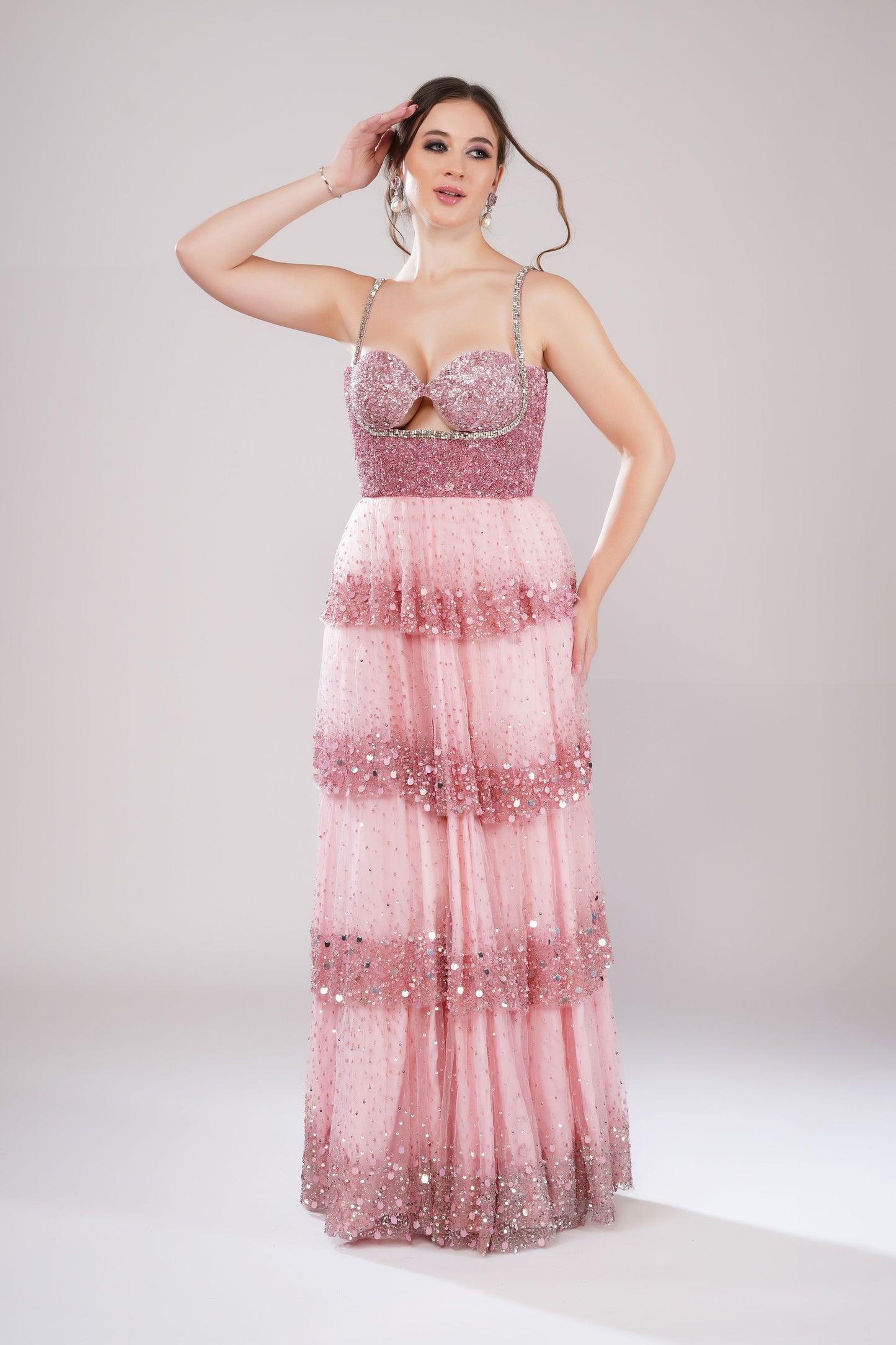 Pink Sweetheart Neckline Tiered Evening Gown