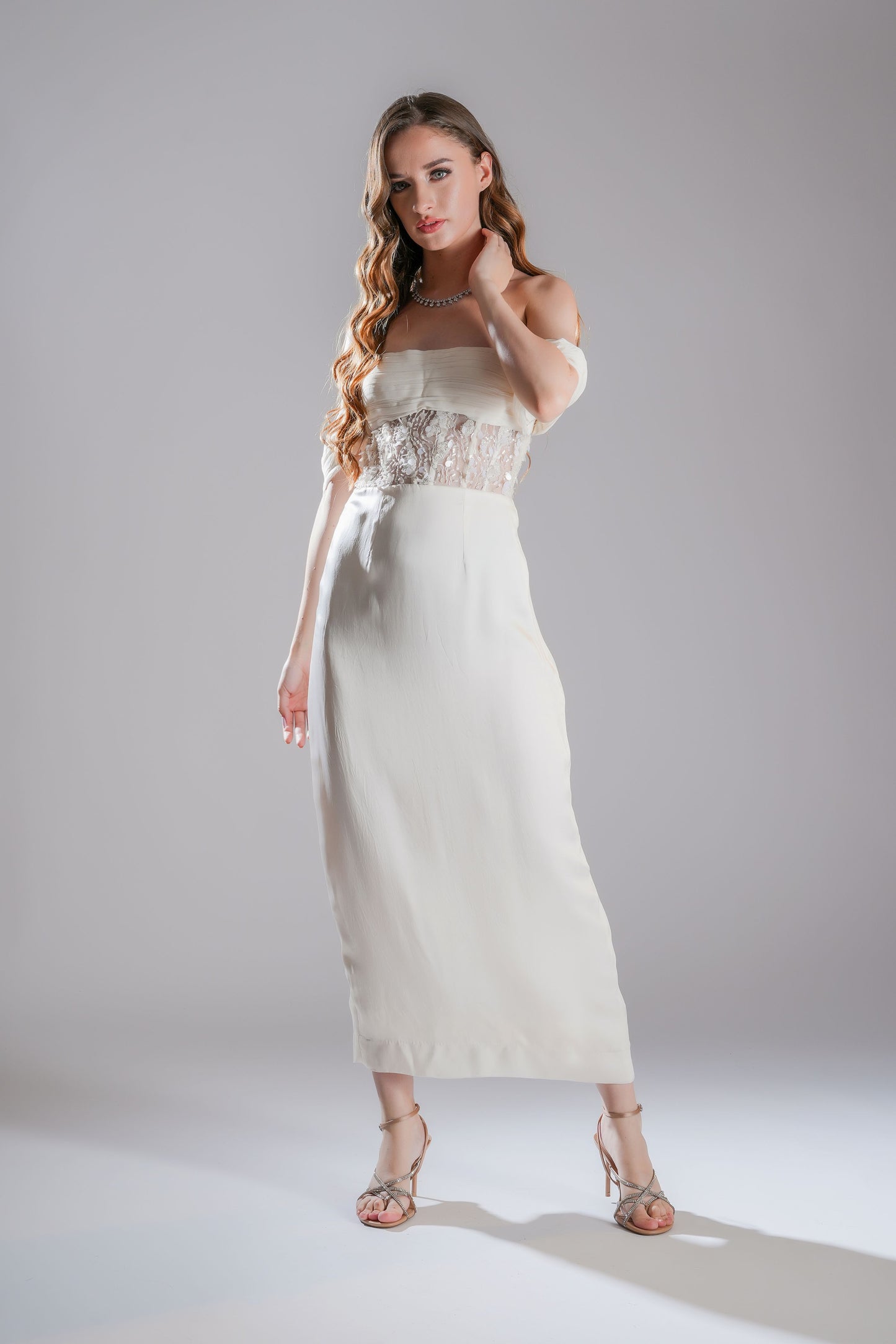 White Off-Shoulder Embellished Evening Dress