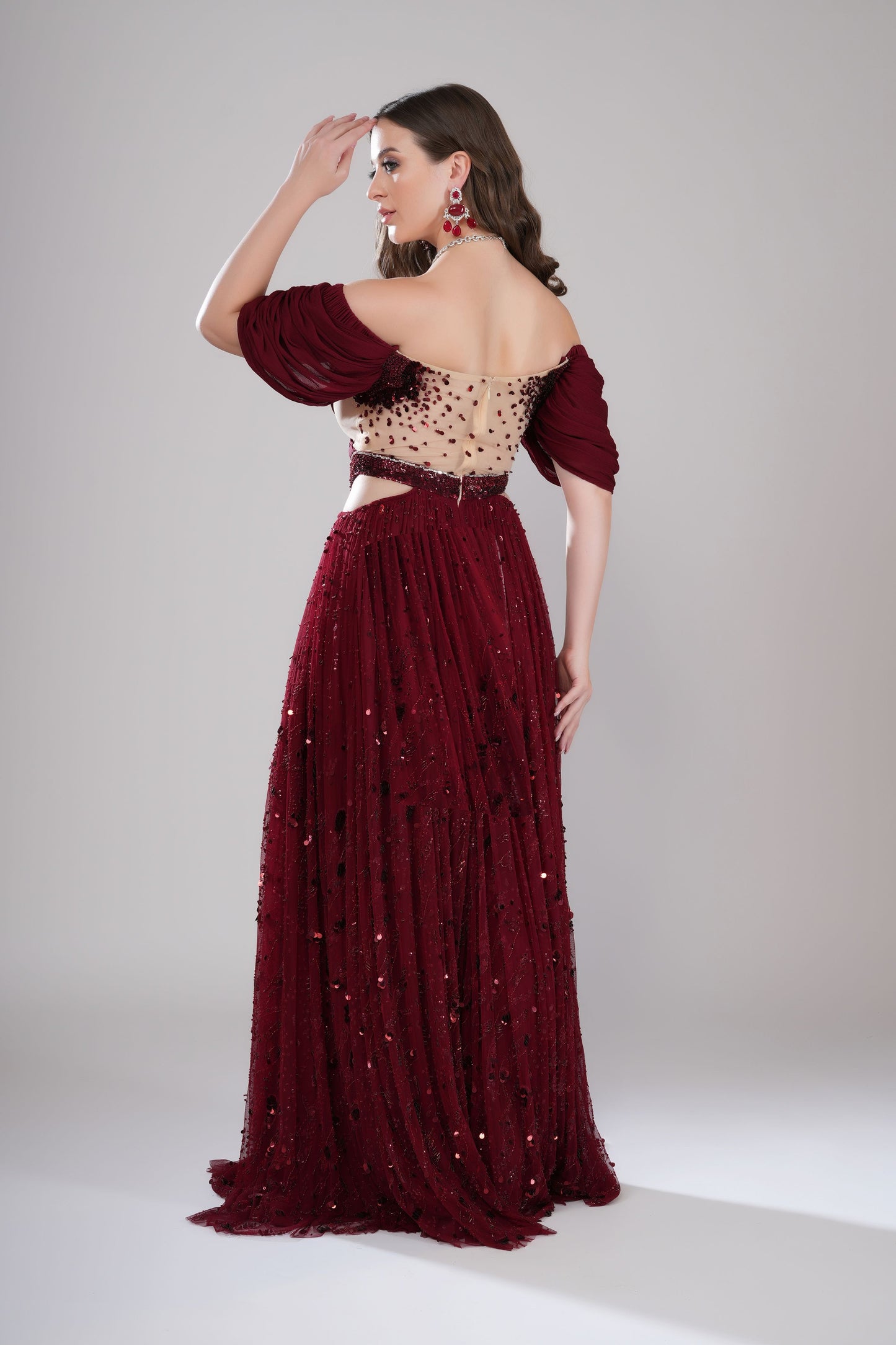Dark Red Off-Shoulder Evening Gown with Crisscross Bodice