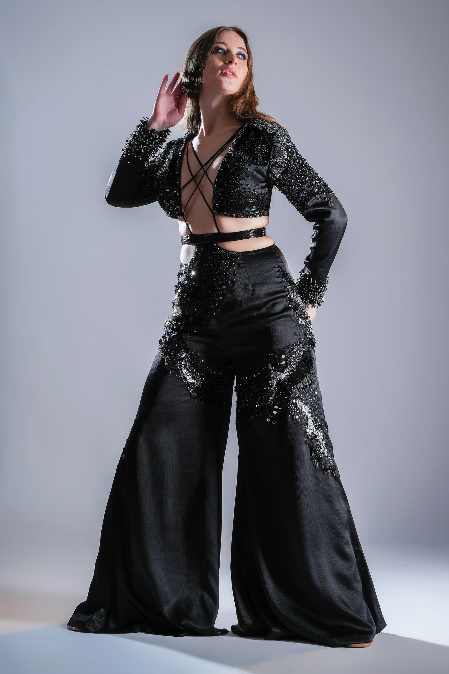 Black Embellished Wide-Leg Jumpsuit