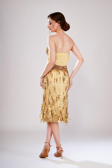 Golden Strapless Embroidered Midi Dress