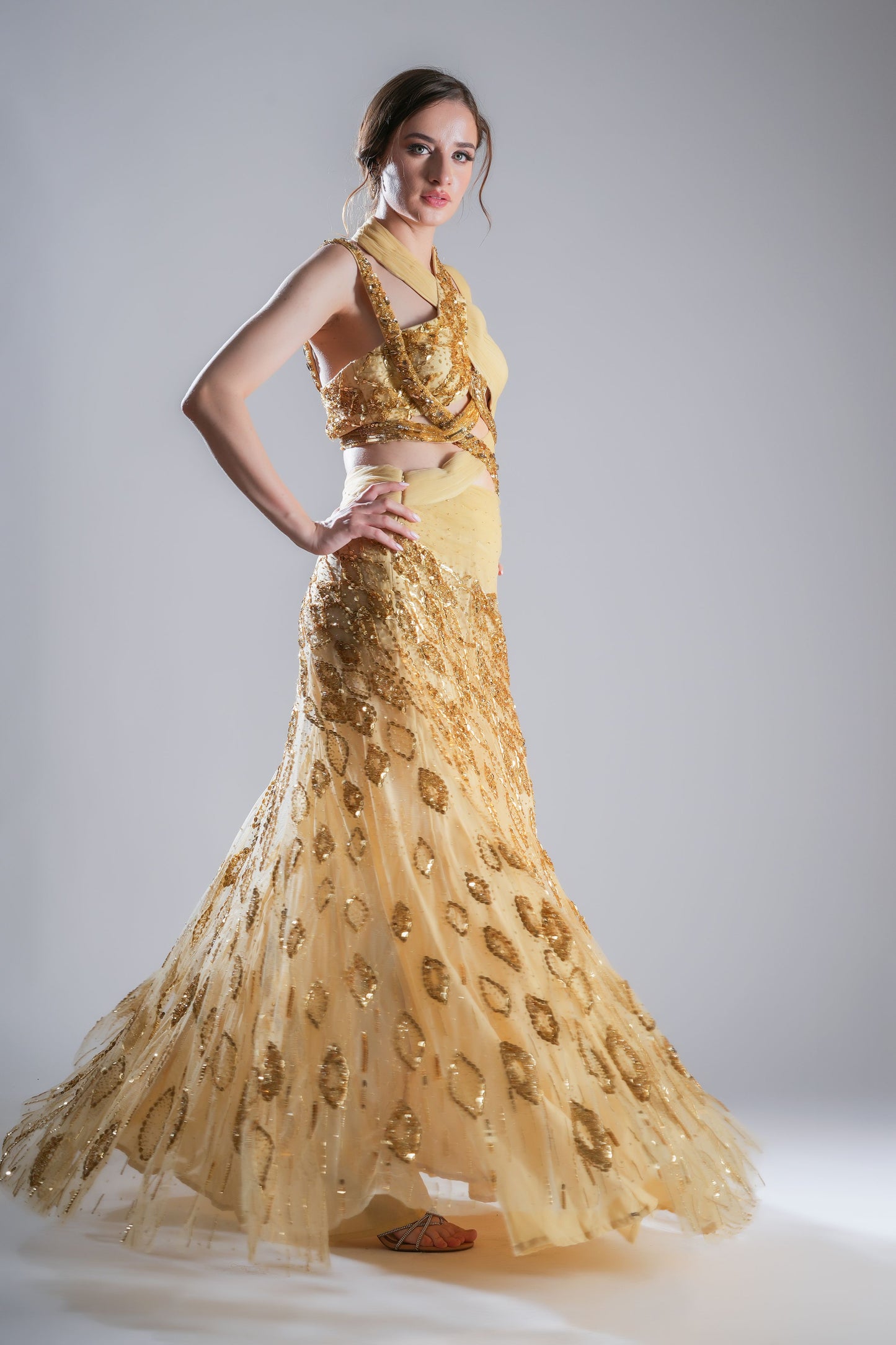 Golden Halter neck embroidered evening gown