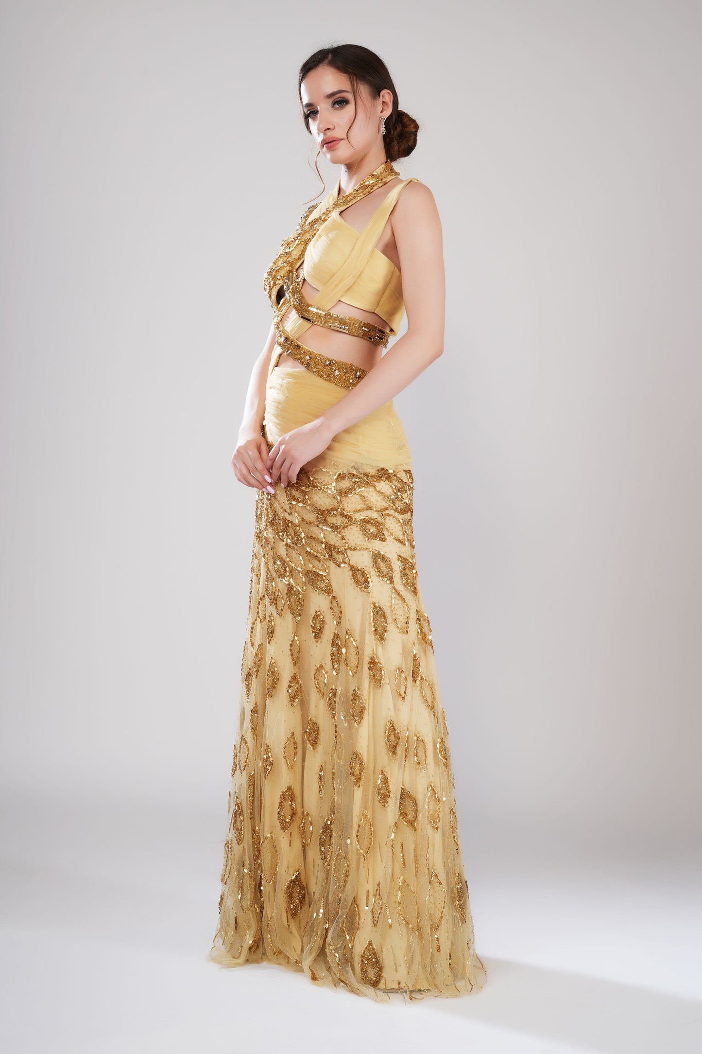 Golden Halter neck embroidered evening gown