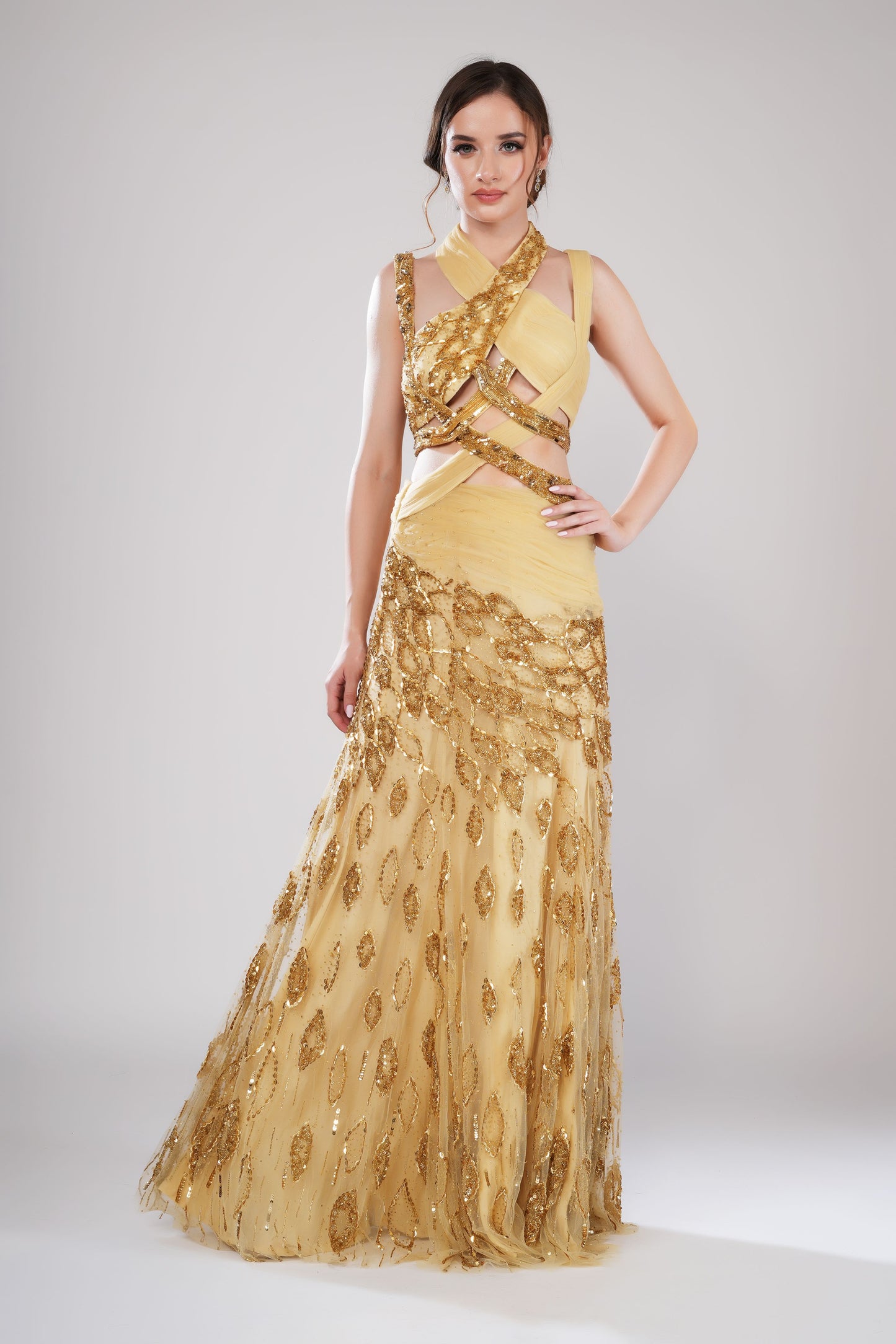 Golden Halter neck embroidered evening gown