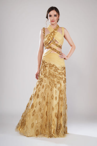 Golden Halter neck embroidered evening gown