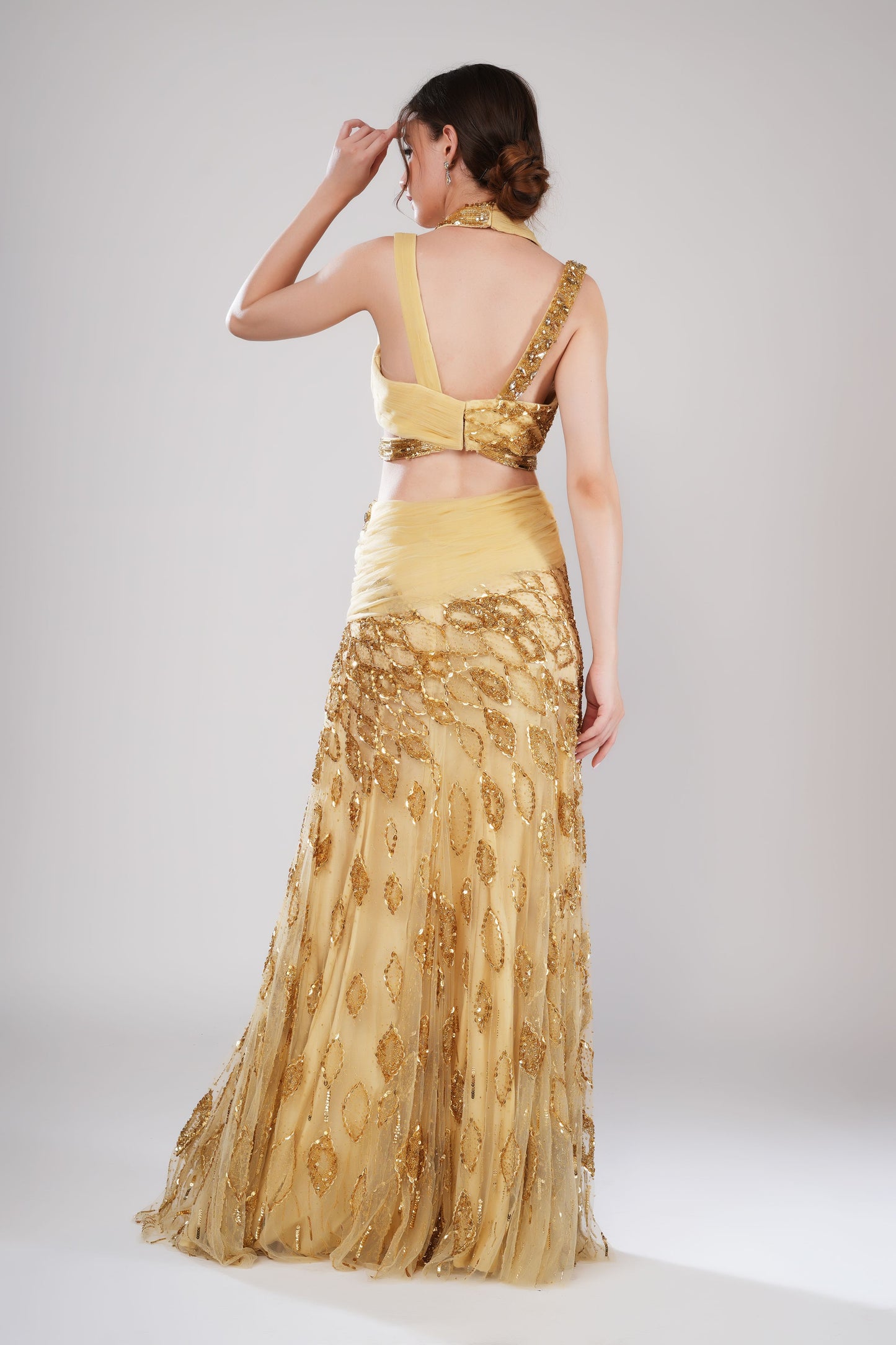 Golden Halter neck embroidered evening gown