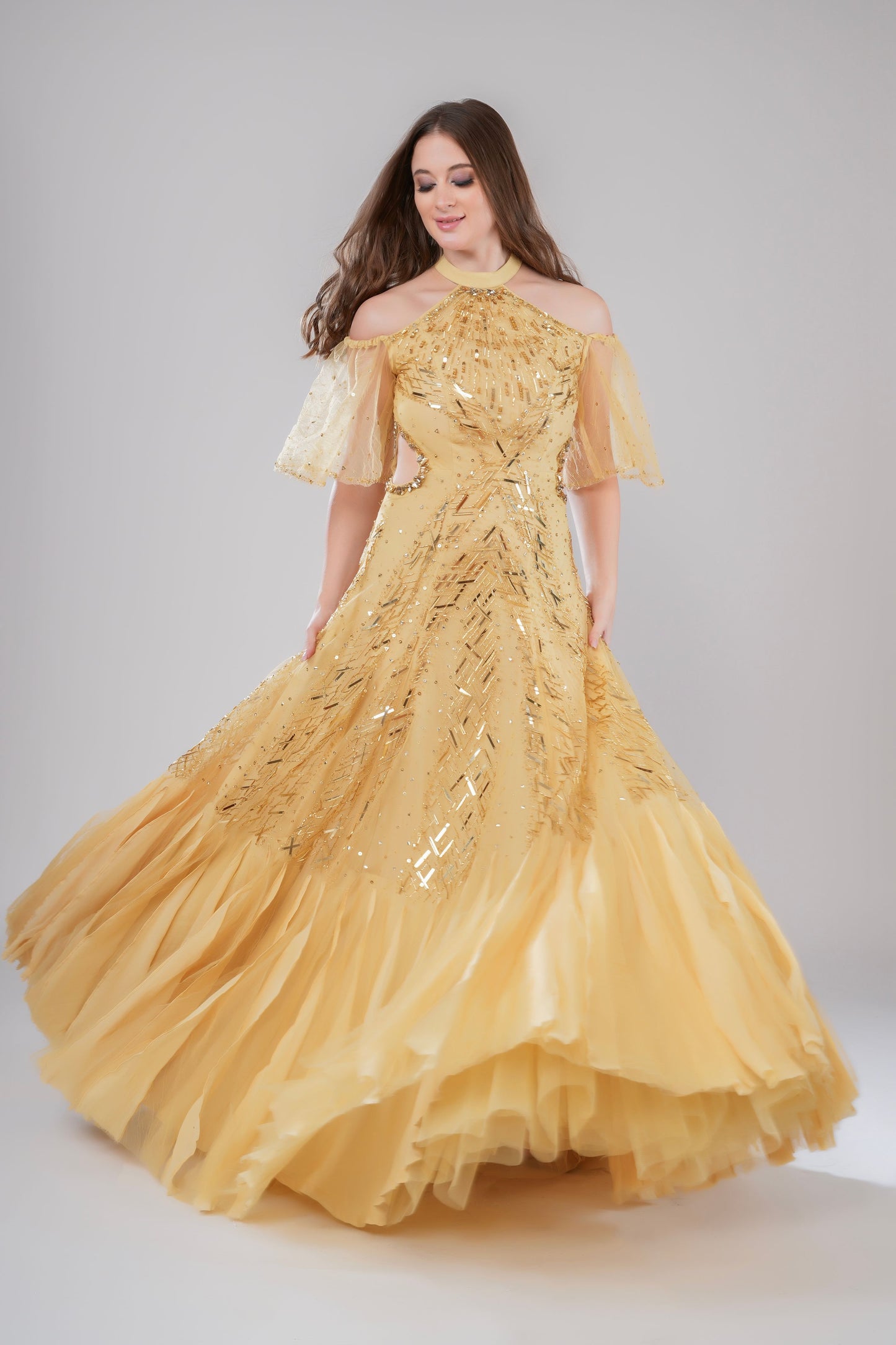 Golden Cold-Shoulder Embellished Evening Gown