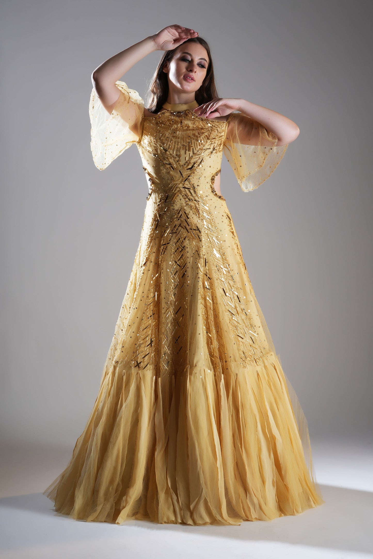Golden Cold-Shoulder Embellished Evening Gown