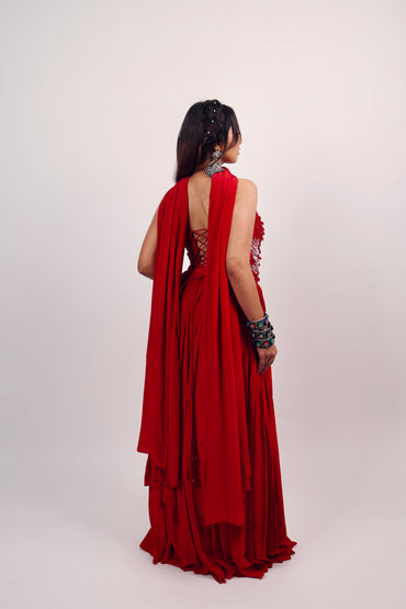 Red corset with lehenga set
