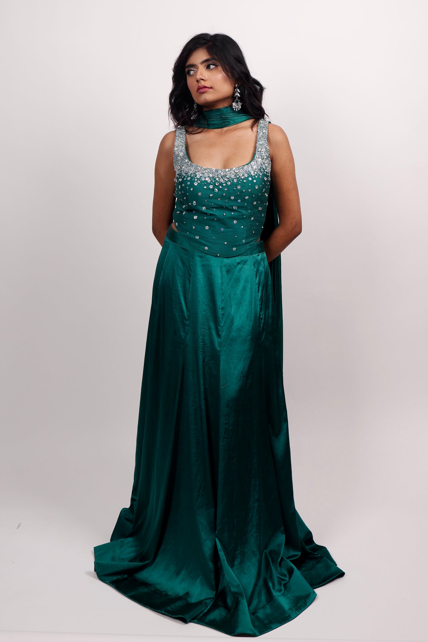 Green corset with lehenga set
