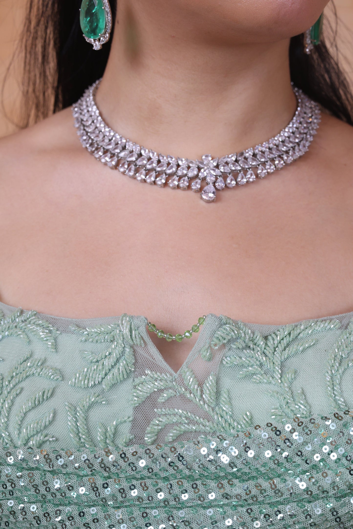 Pista green draped gown