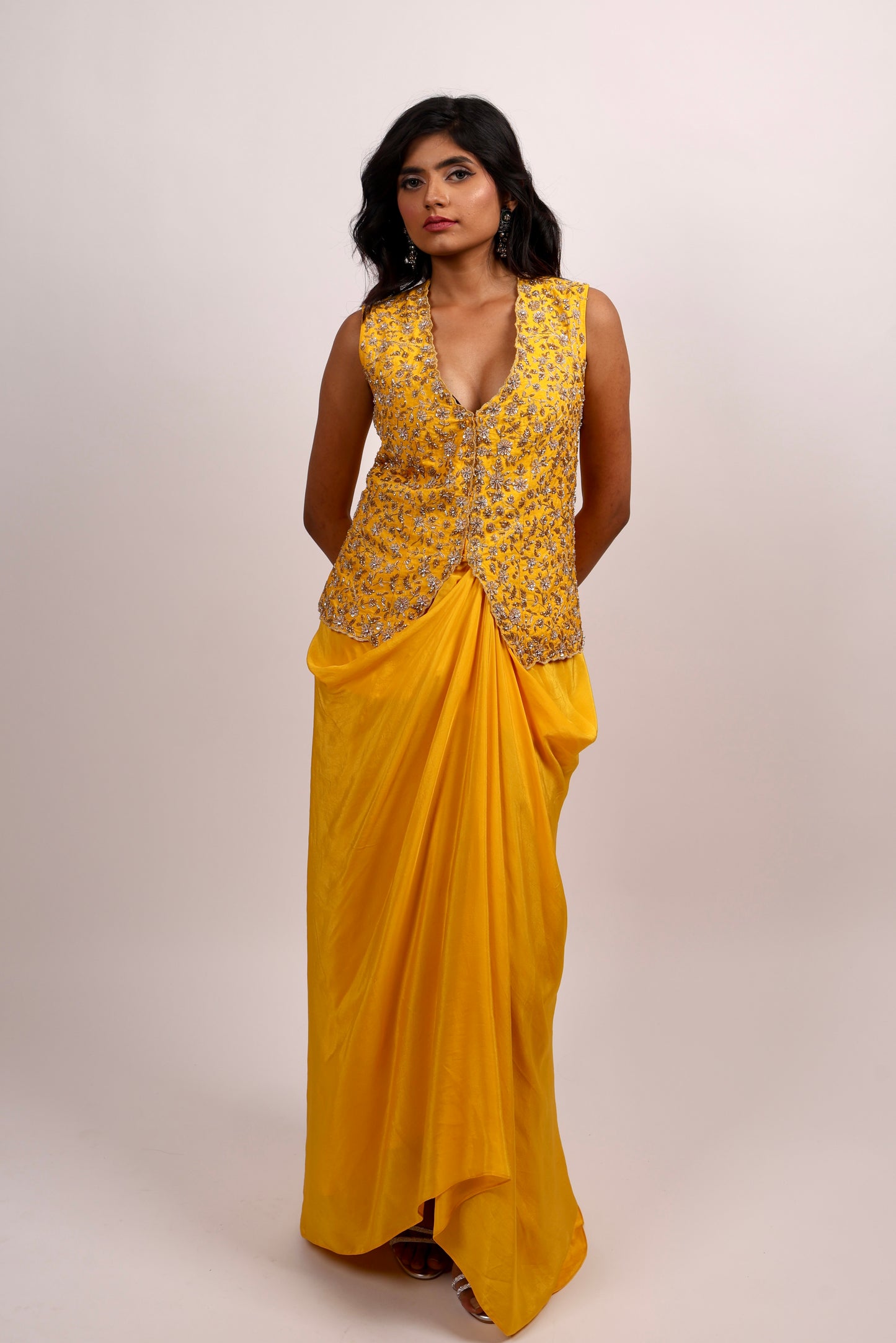 Yellow Jacket With Draped Skirt