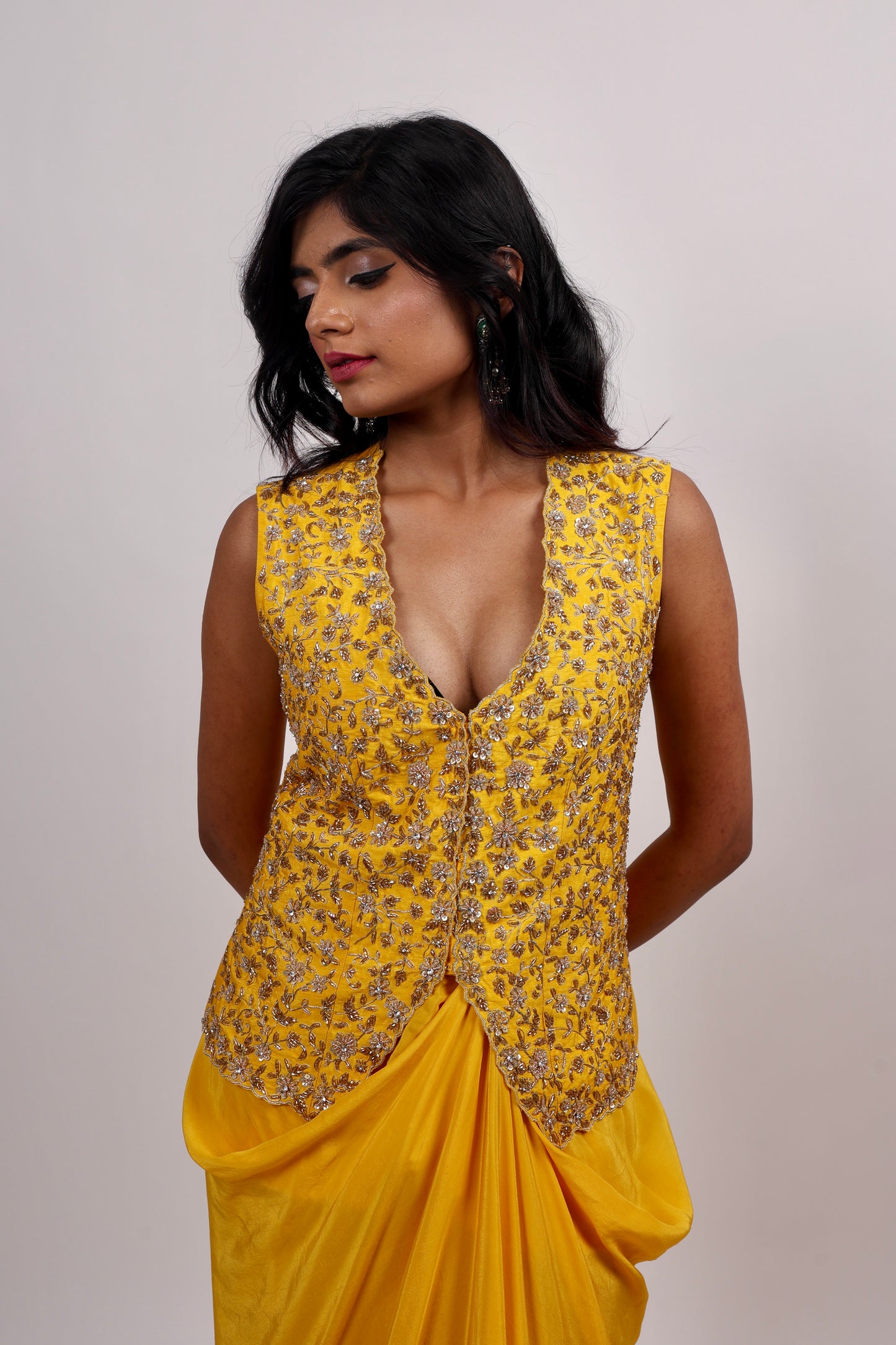 Yellow Jacket With Draped Skirt