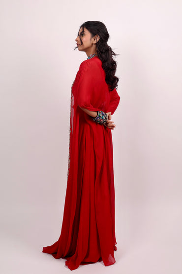 Red shrug set with pants and blouse