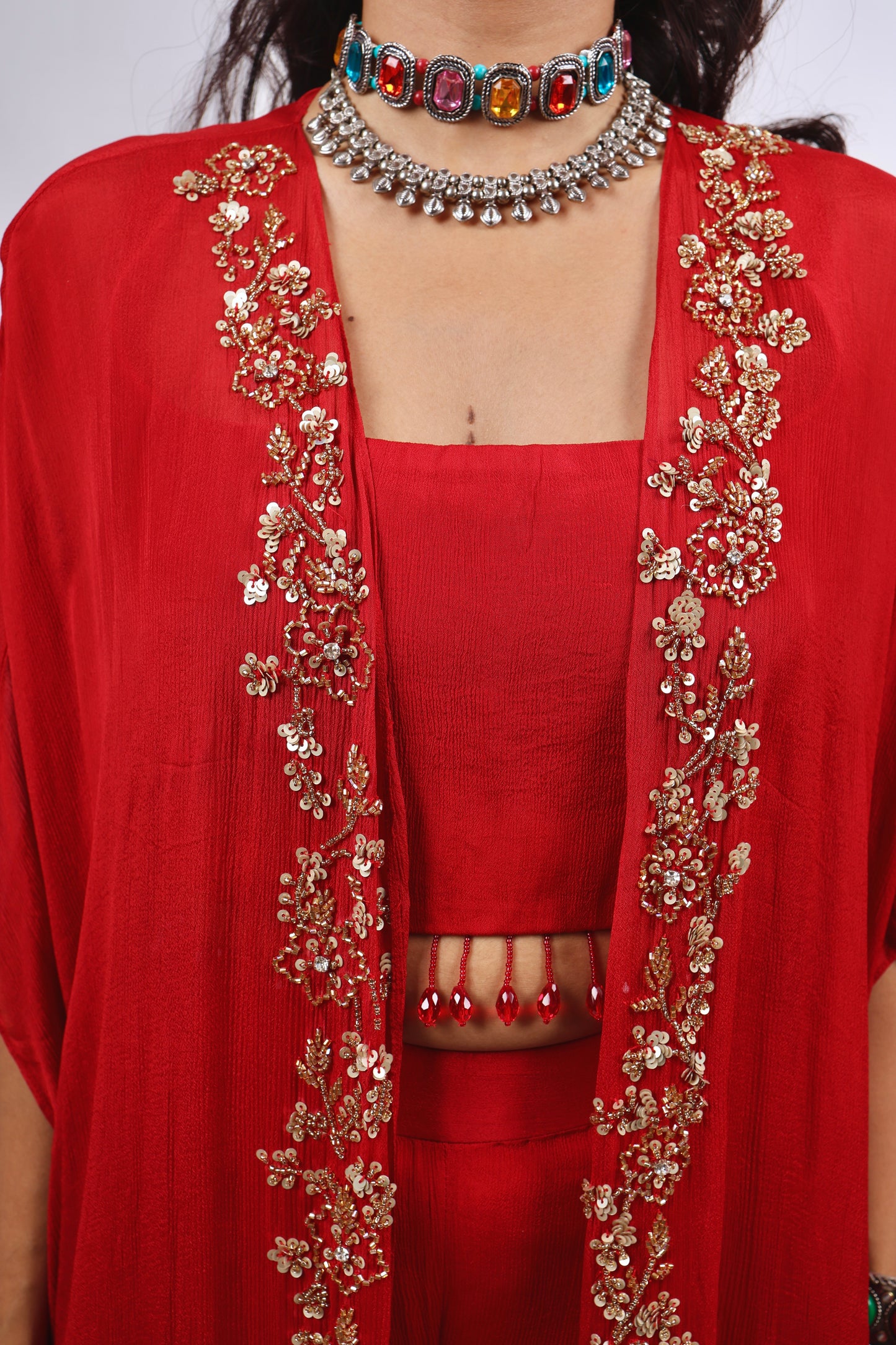 Red shrug set with pants and blouse