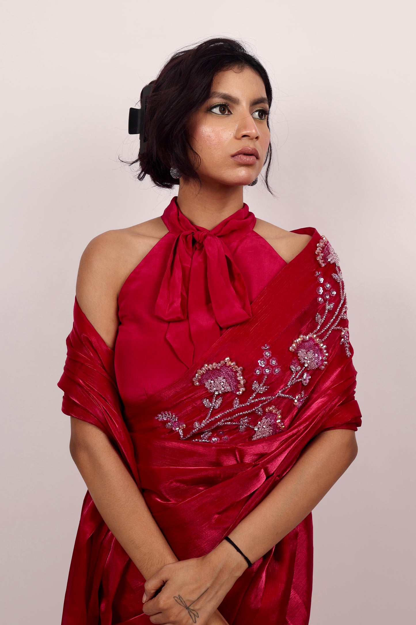 Pink bow blouse with saree