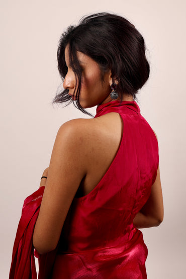 Pink bow blouse with saree