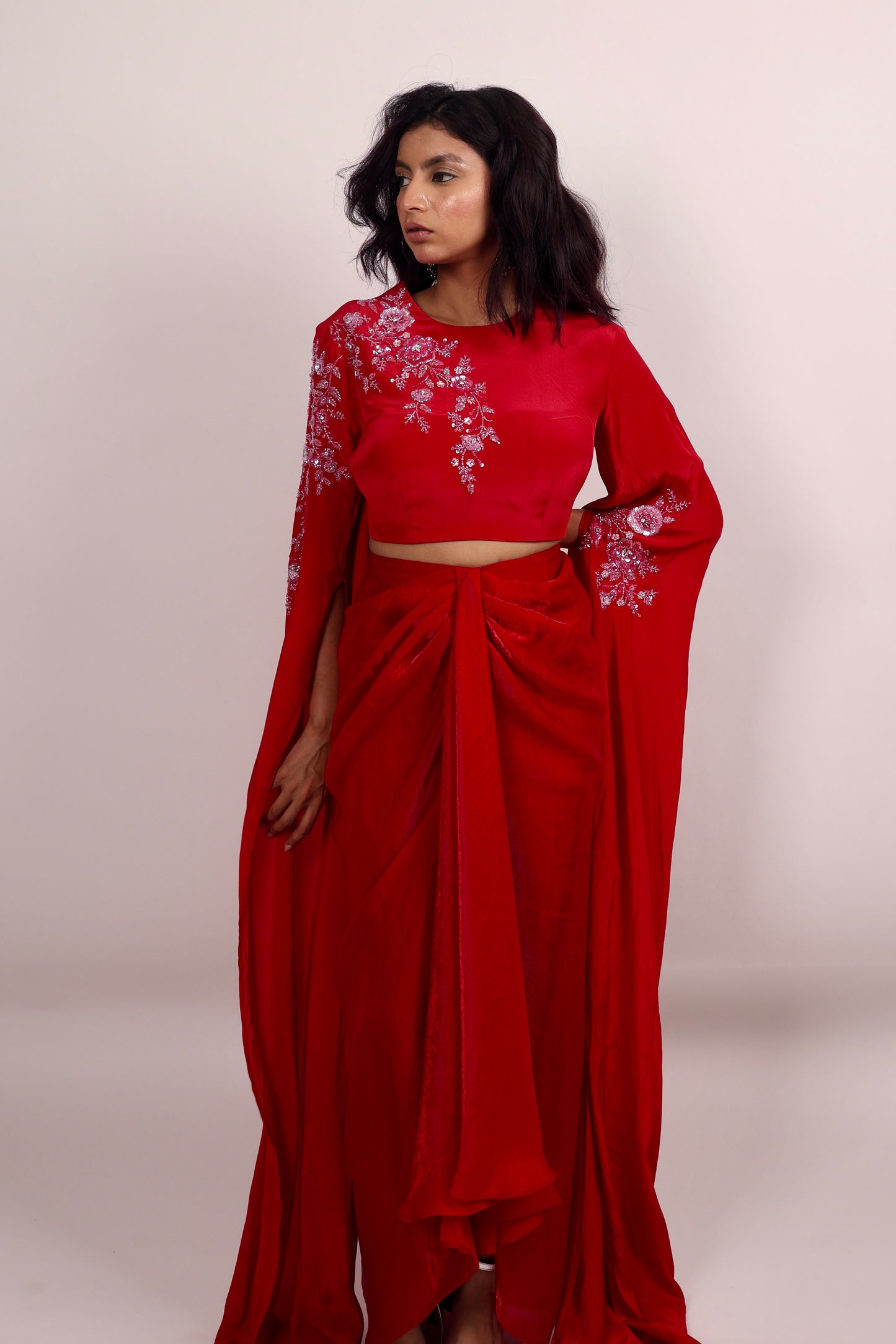 Red Draped Skirt with Statement sleeves top