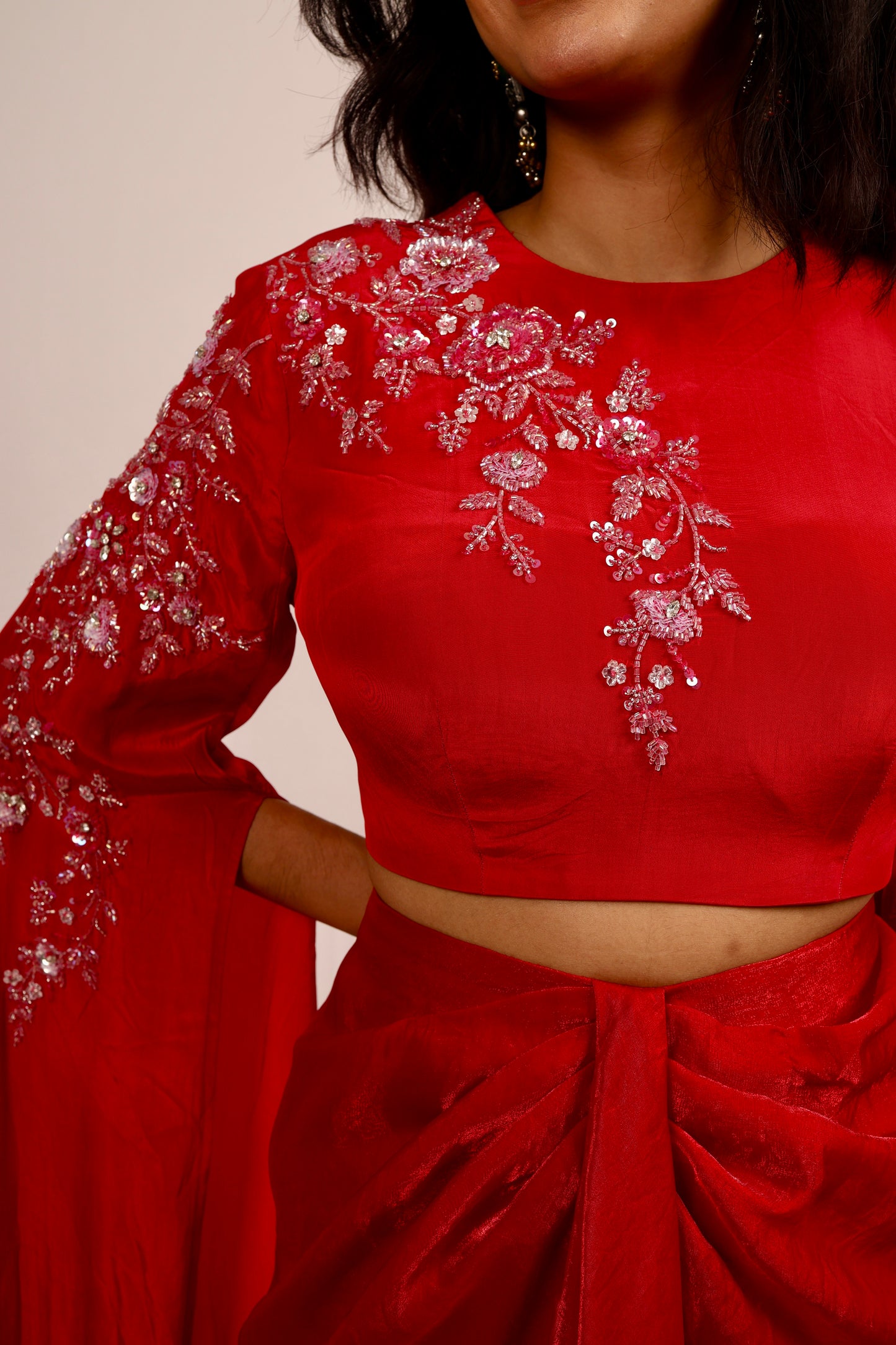 Red Draped Skirt with Statement sleeves top