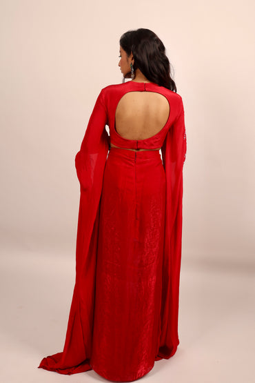 Red Draped Skirt with Statement sleeves top