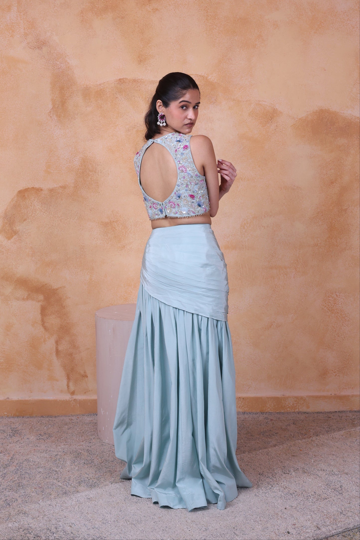 Mint green draped skirt set