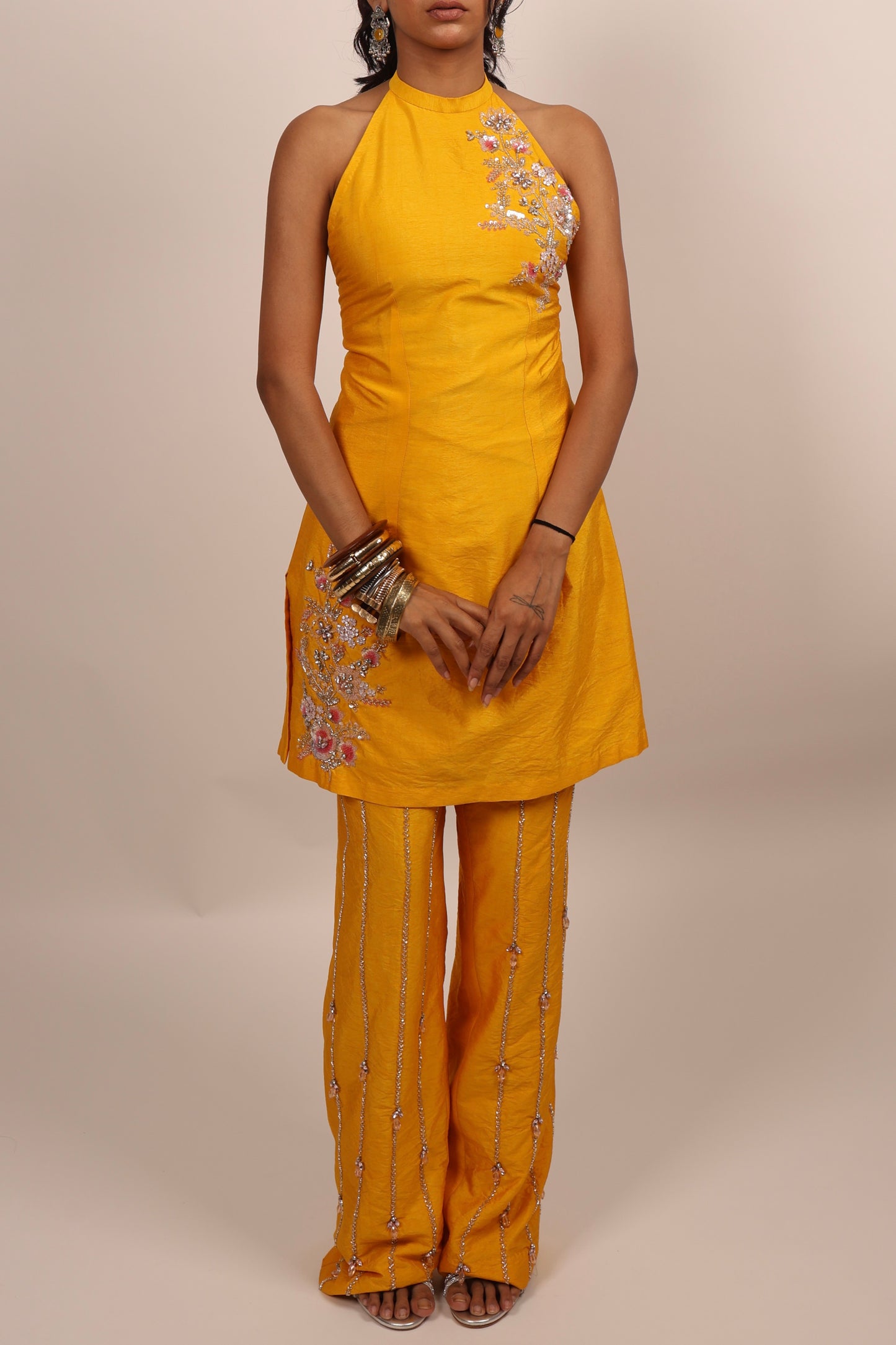 Yellow halter neck kurti set