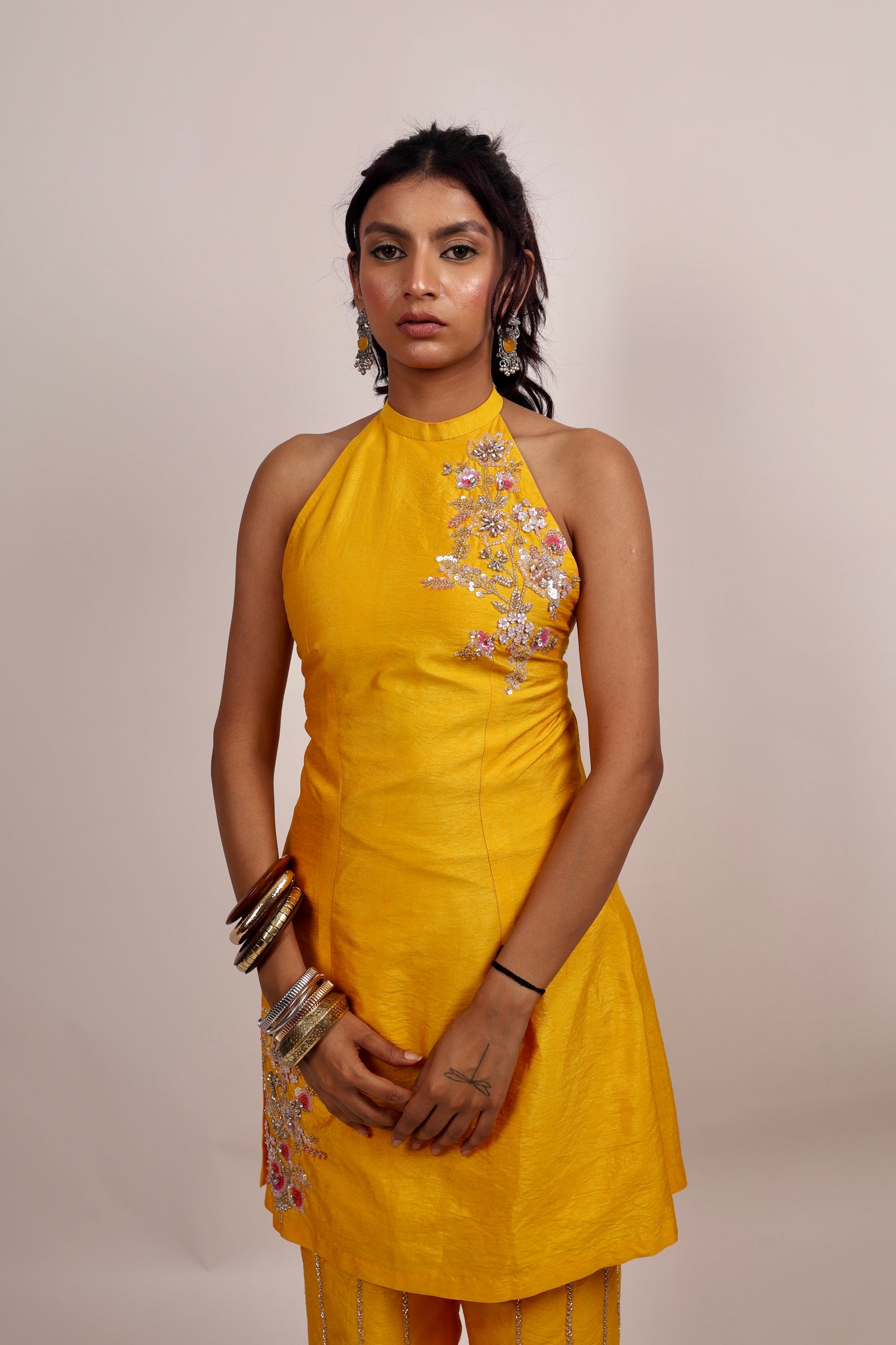 Yellow halter neck kurti set