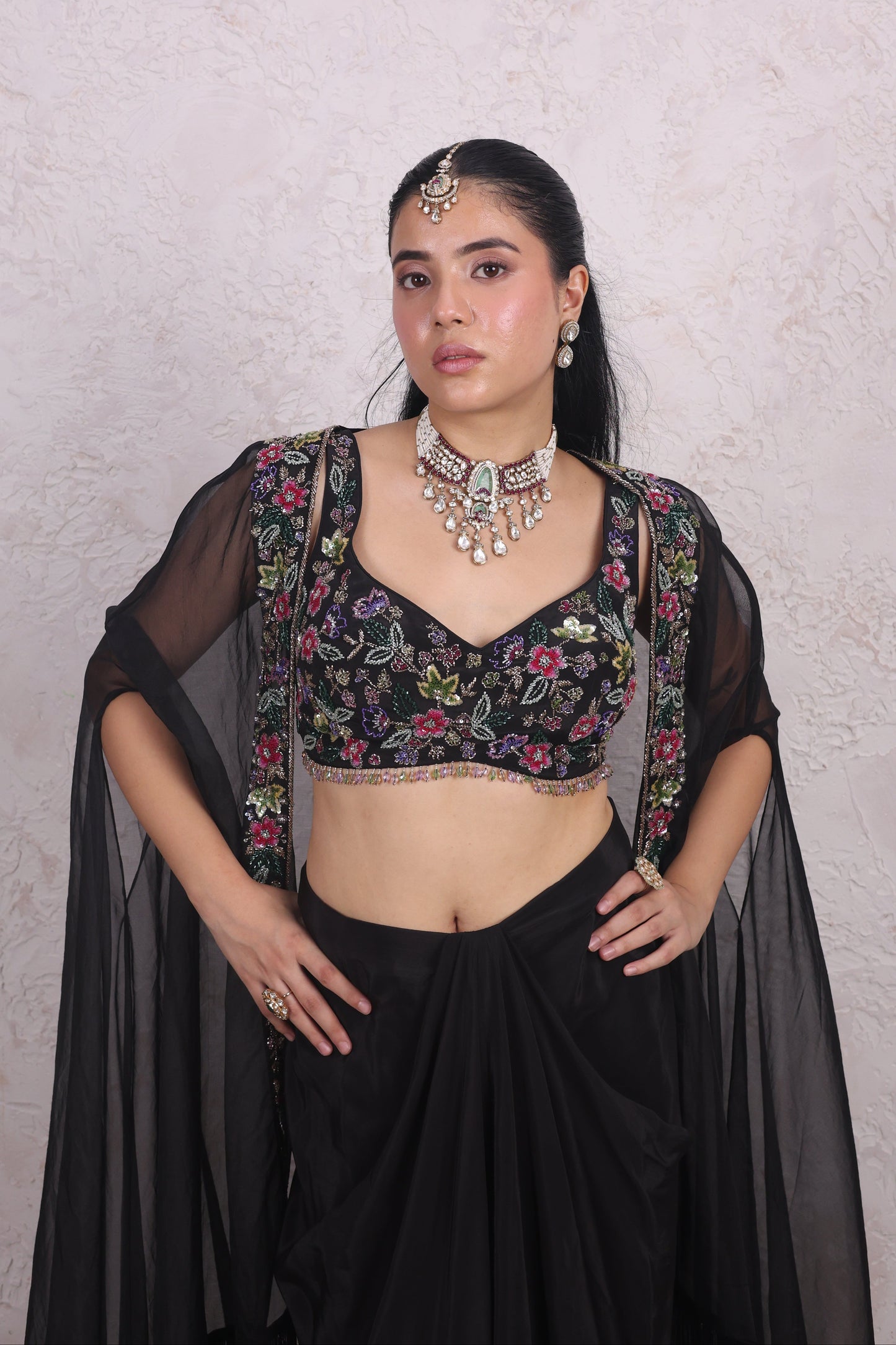 Black draped skirt with cape set