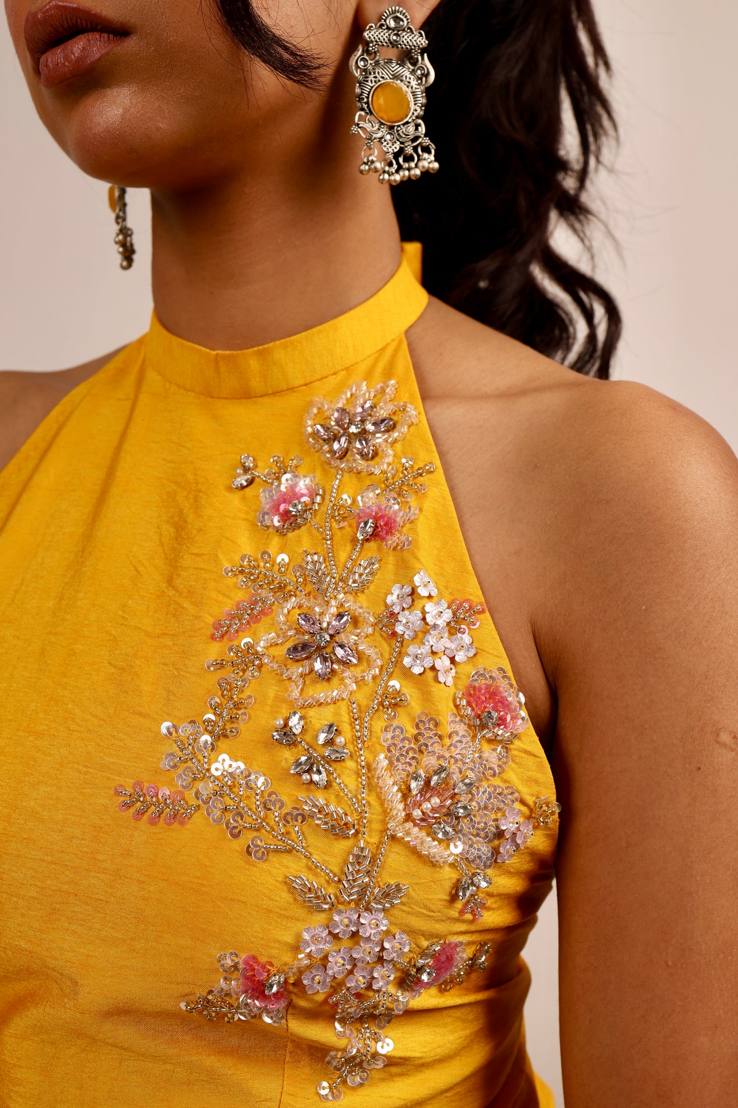Yellow halter neck kurti set
