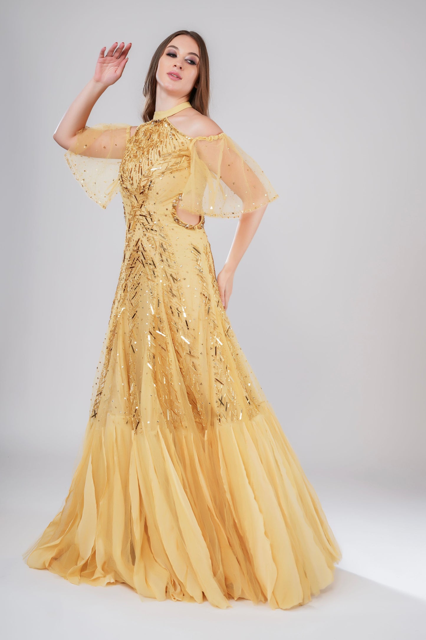 Golden Cold-Shoulder Embellished Evening Gown