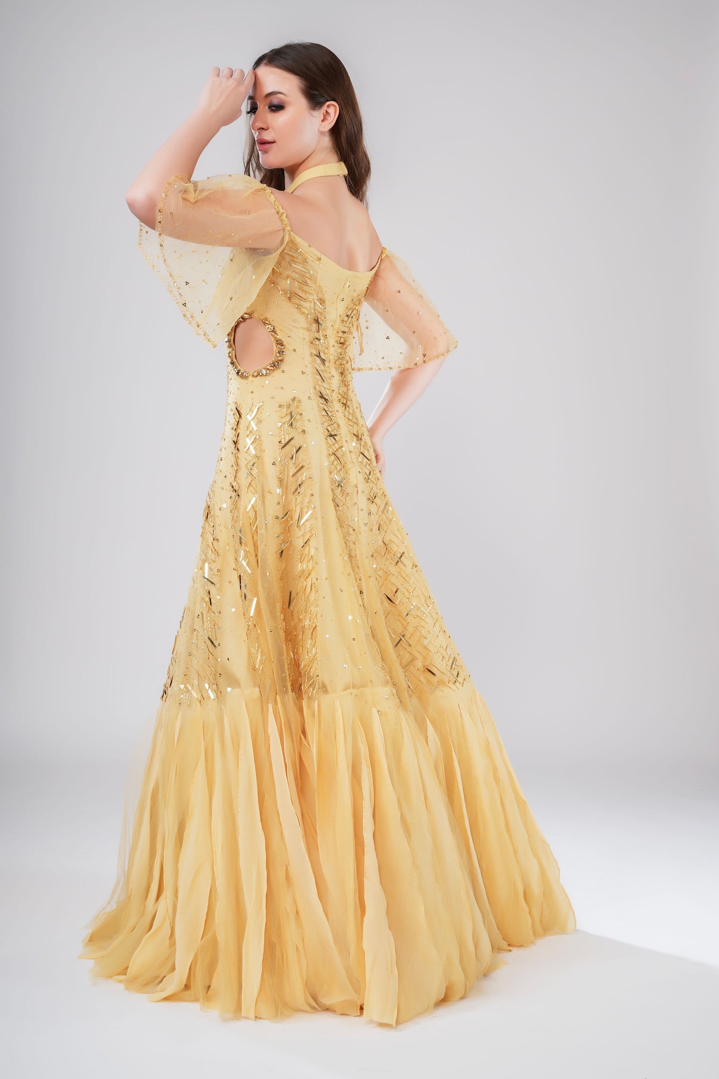 Golden Cold-Shoulder Embellished Evening Gown