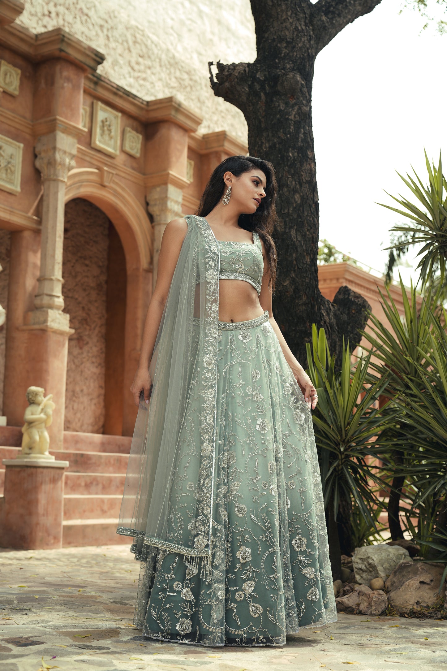 Blue green embroidered lehenga set