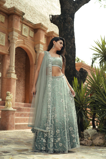 Blue green embroidered lehenga set