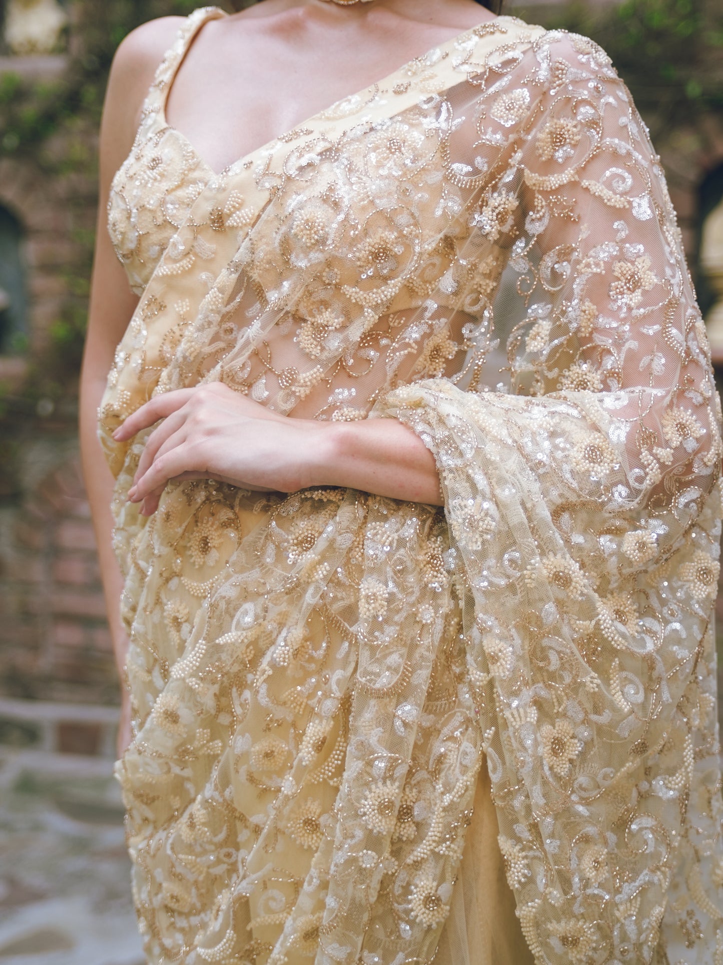 Butter yellow embroidered saree