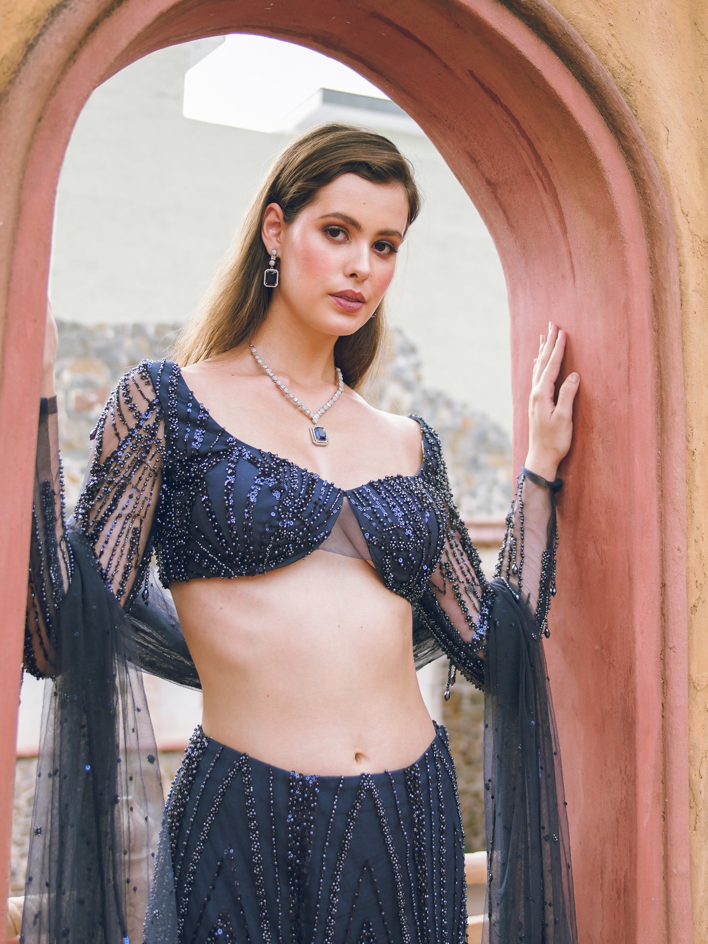Dark blue embroidered lehenga set