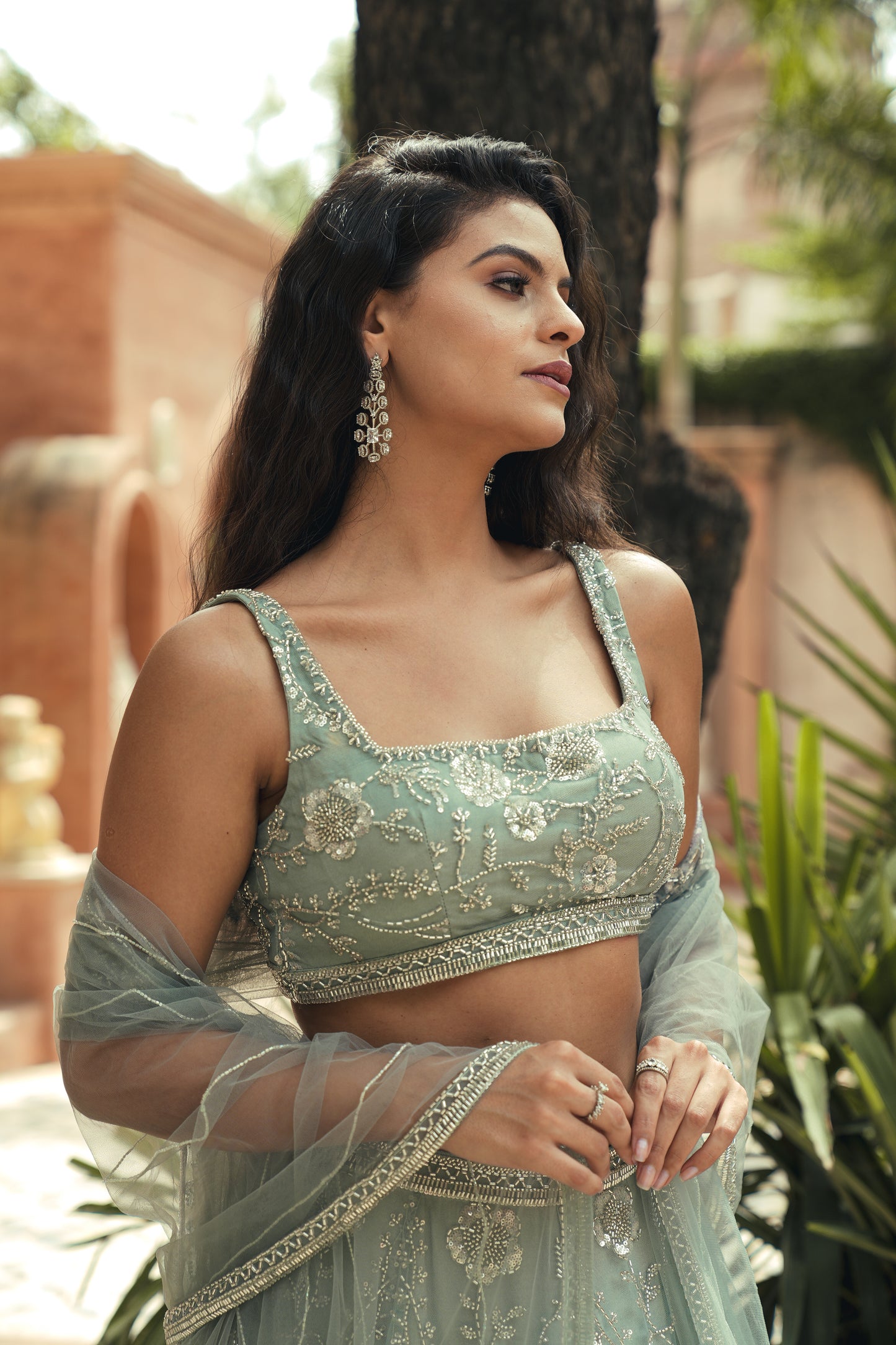 Blue green embroidered lehenga set