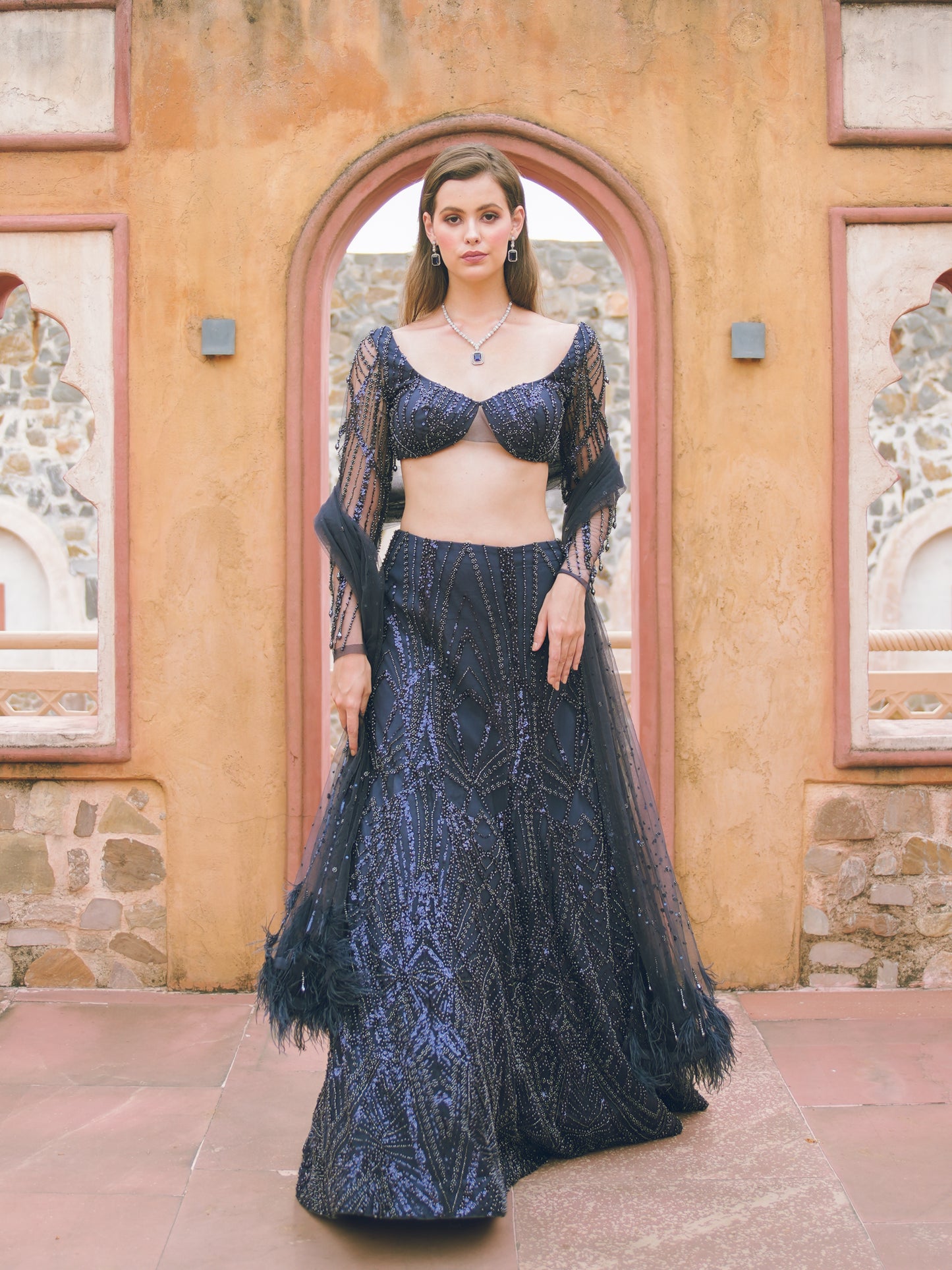Dark blue embroidered lehenga set