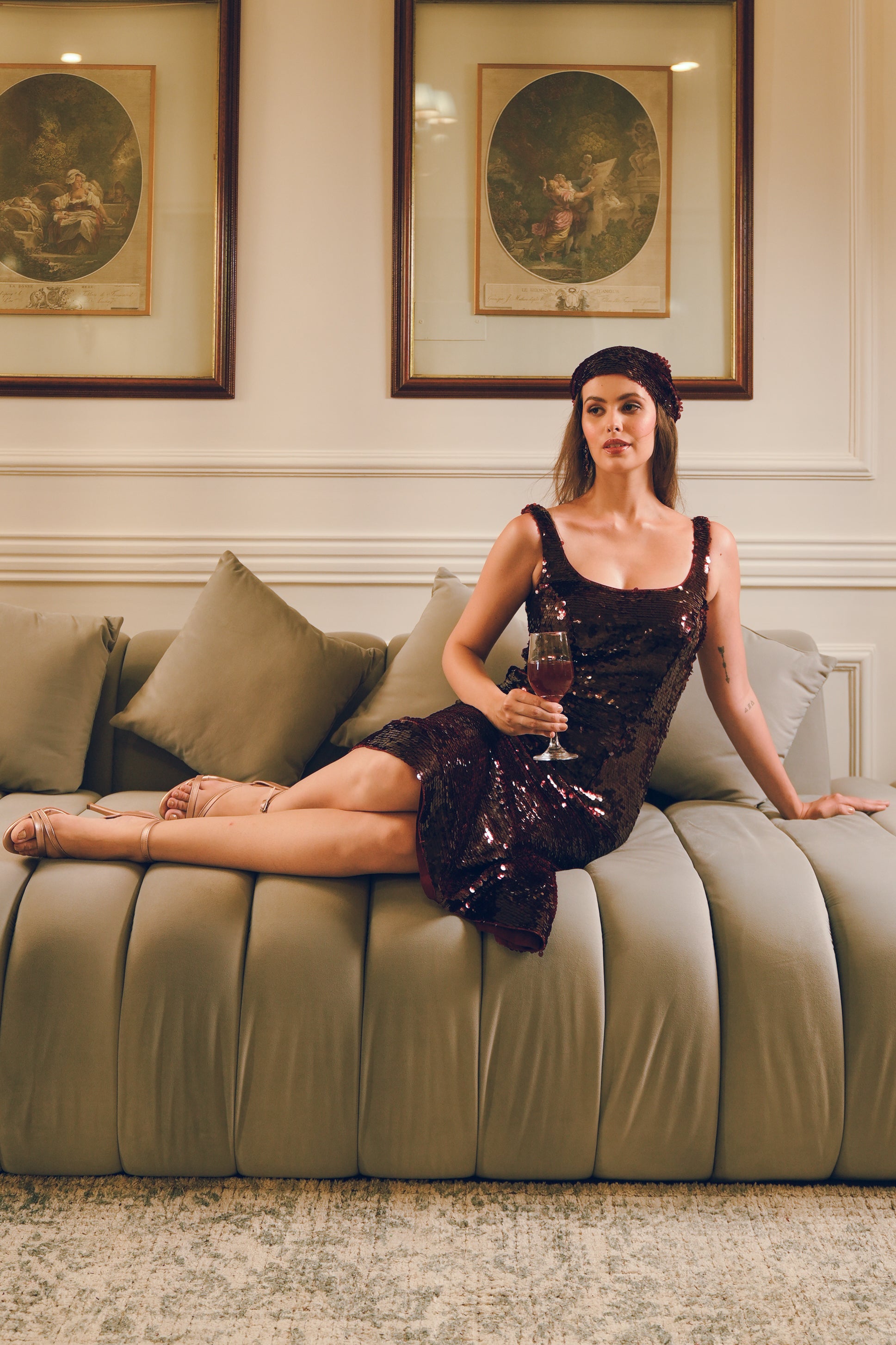 Maroon sequins Midi party dress Custom Tailored / Maroon