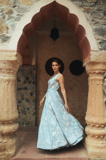 Light blue V-neck embroidered evening gown