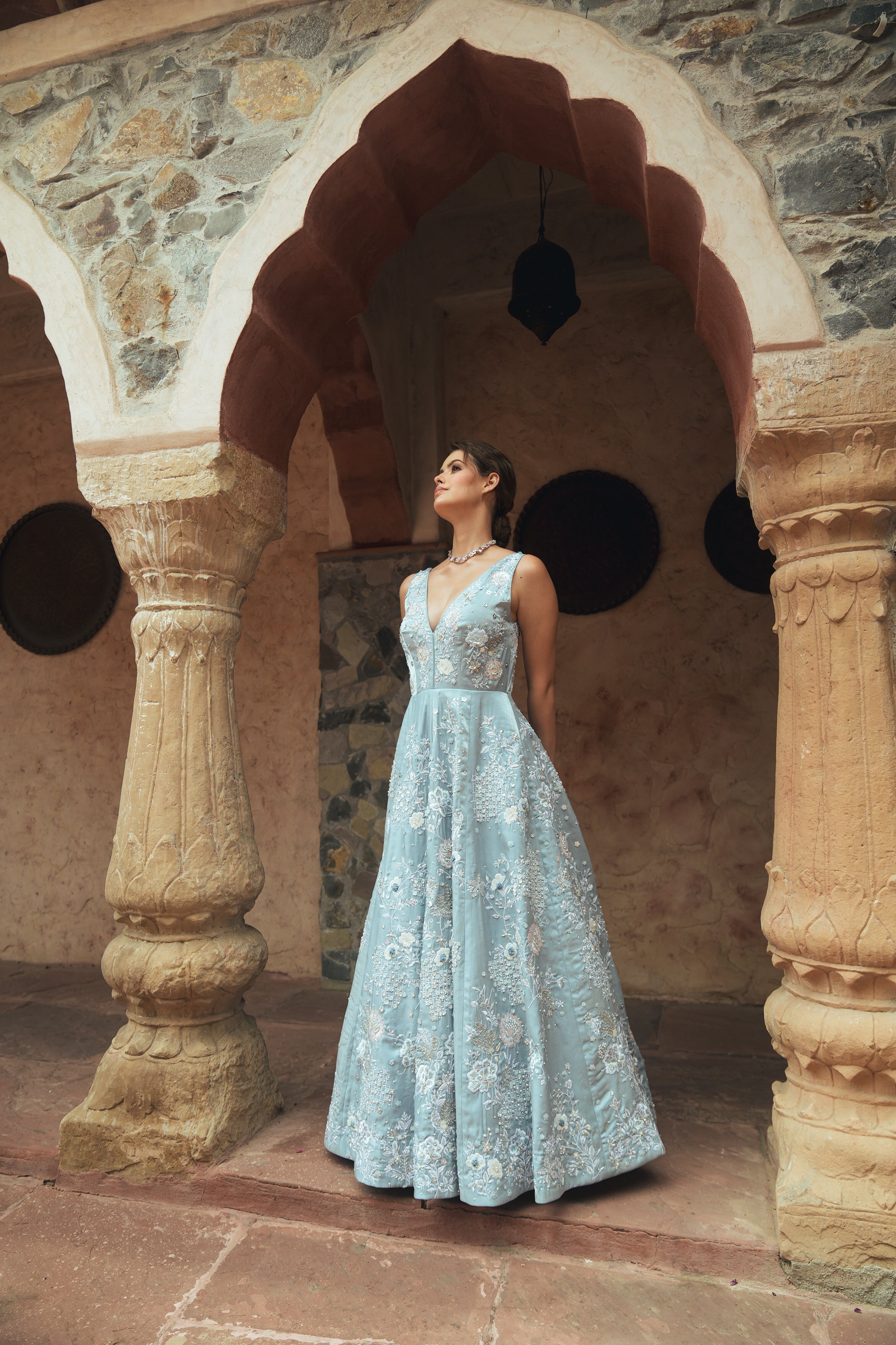 Light Blue V-neck embroidered evening gown 5XL / Blue Light Blue V-neck embroidered evening gown 5XL / Blue