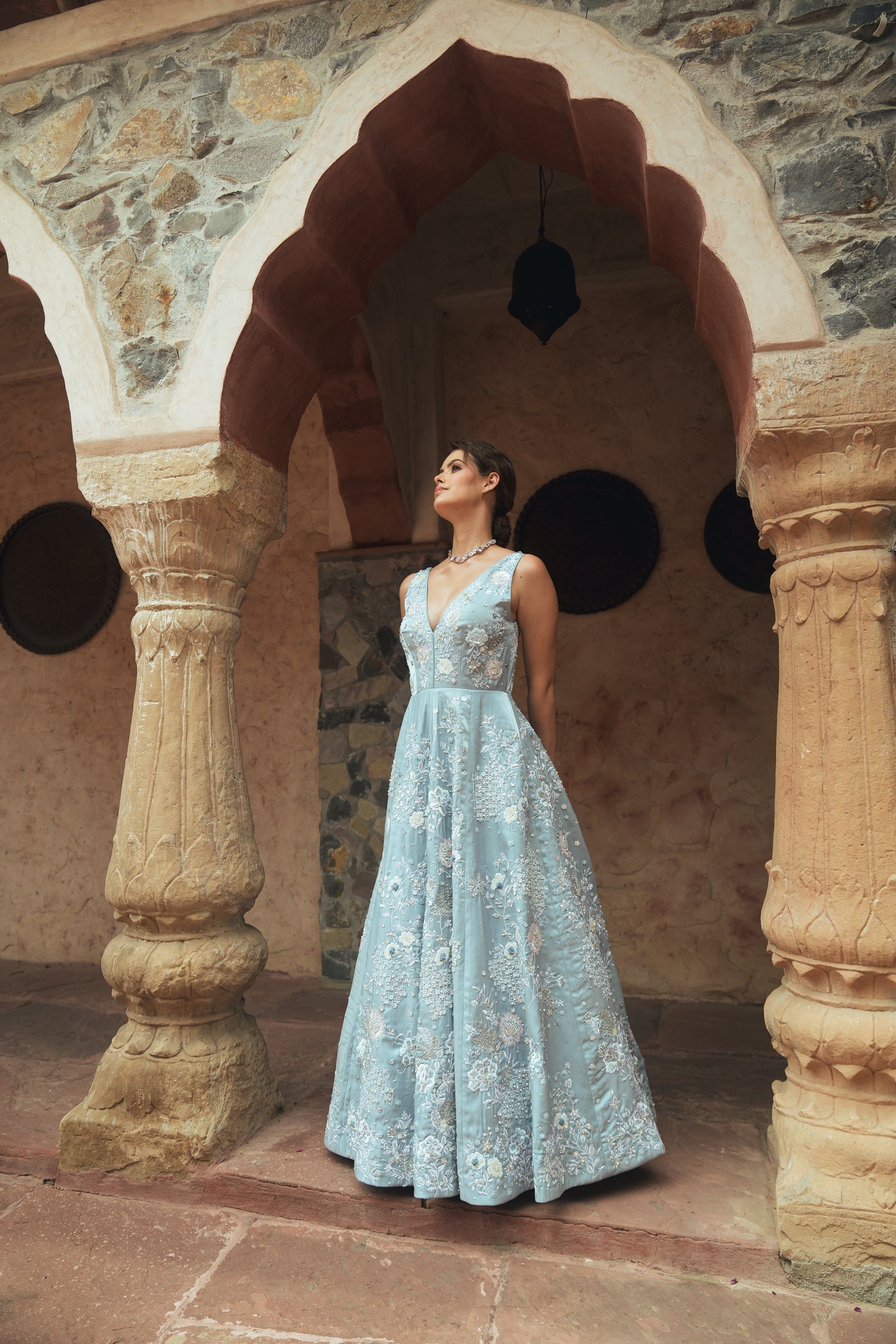 Light blue V-neck embroidered evening gown