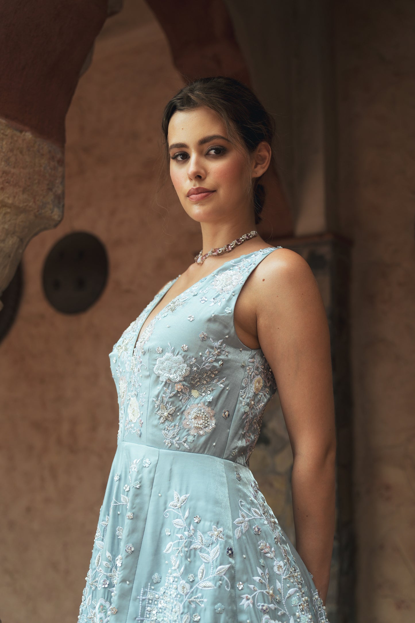 Light blue V-neck embroidered evening gown