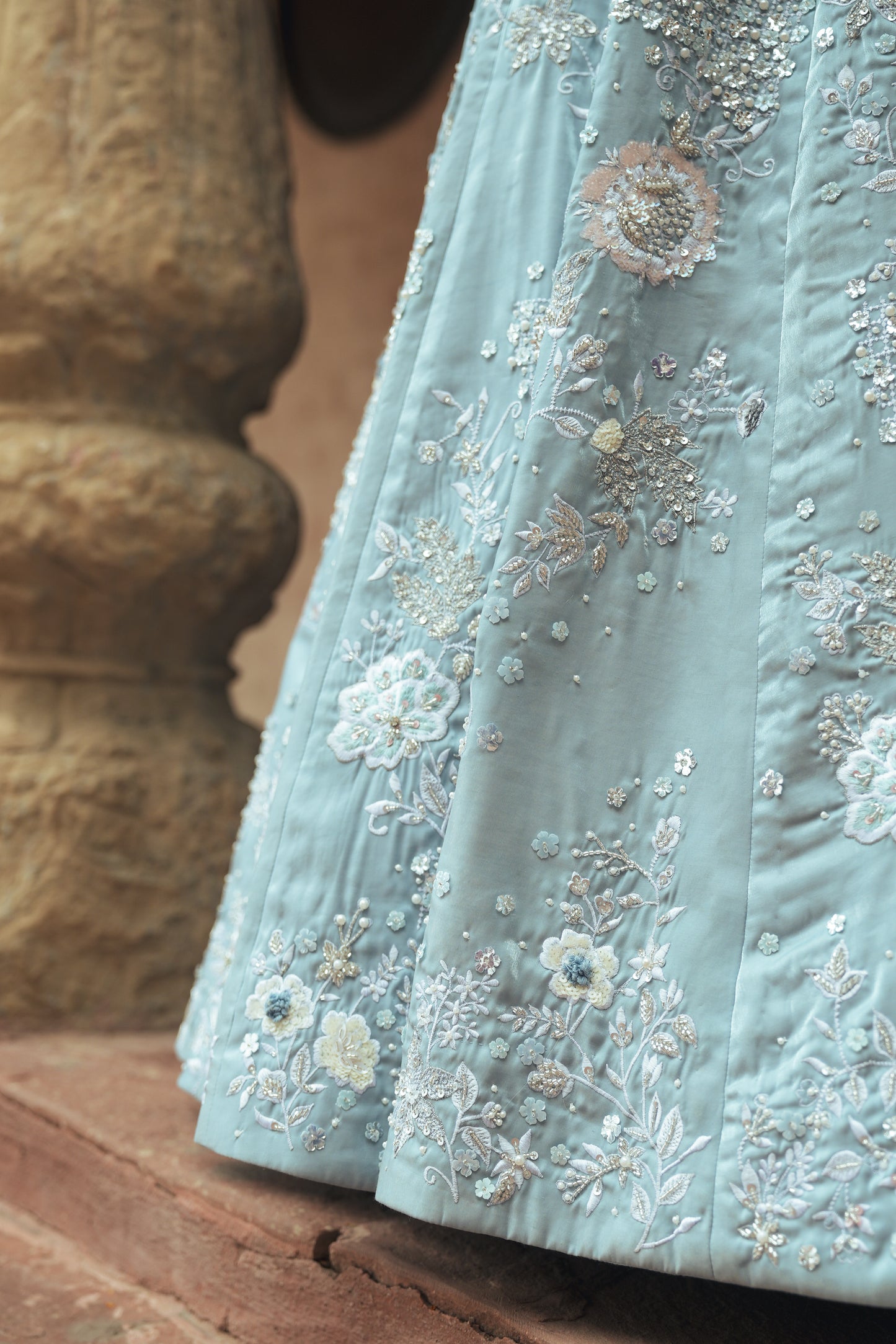 Light blue V-neck embroidered evening gown