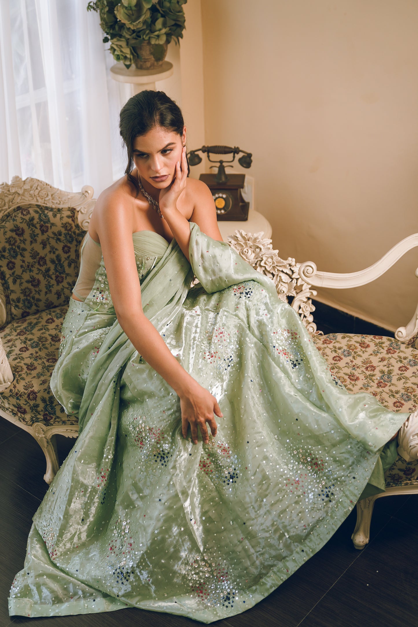 Pista green corset draped saree