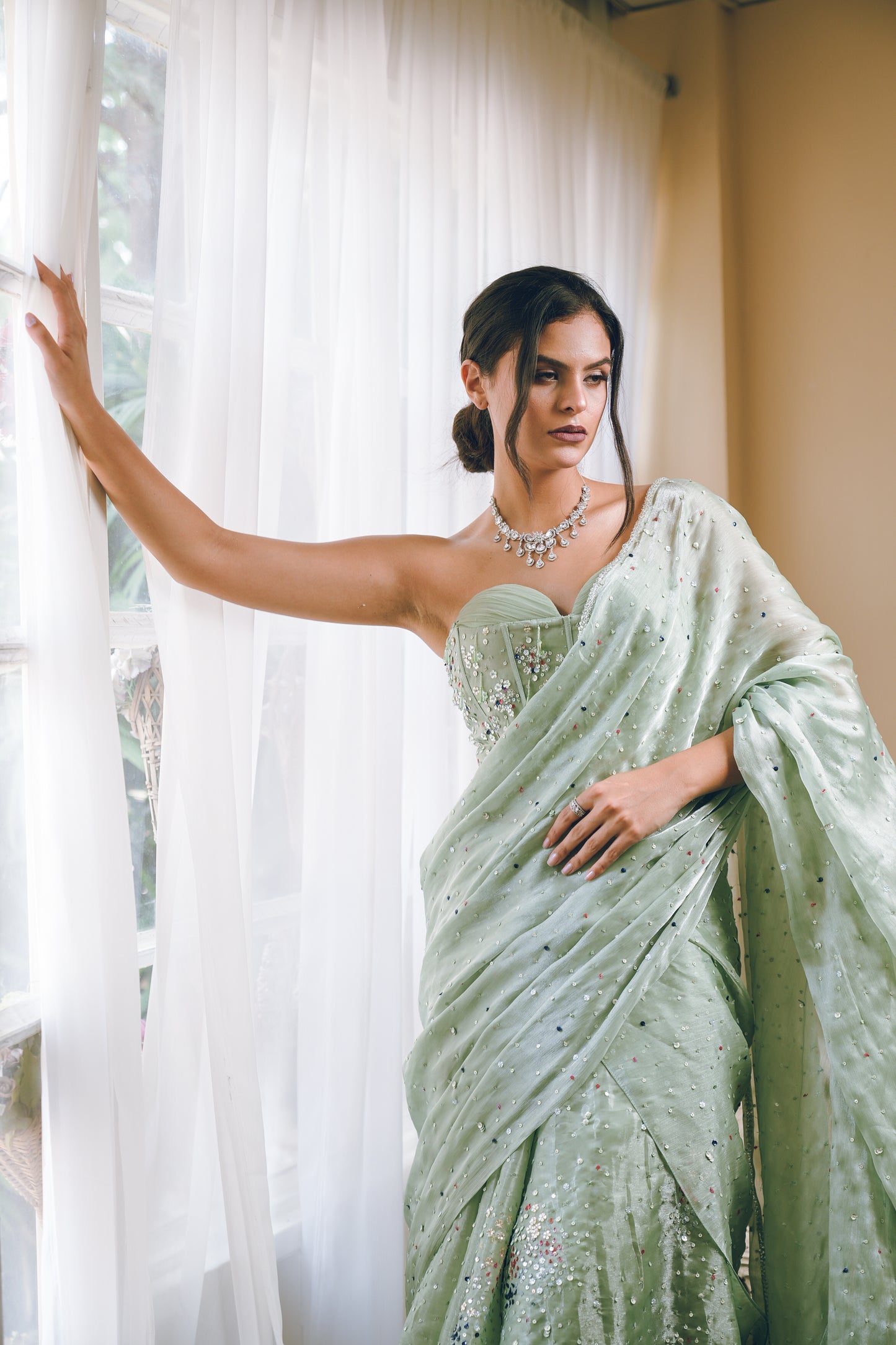 Pista green corset draped saree