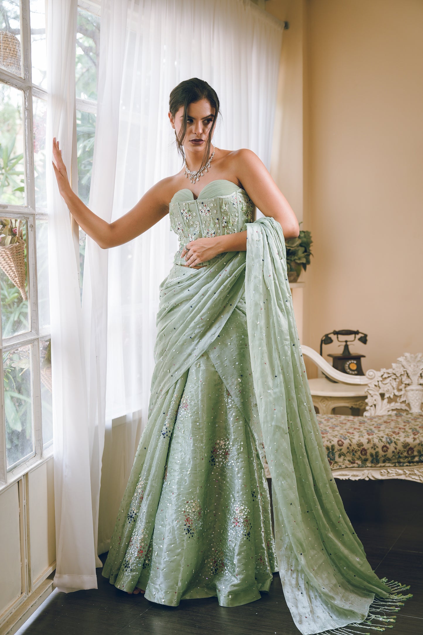 Pista green corset draped saree