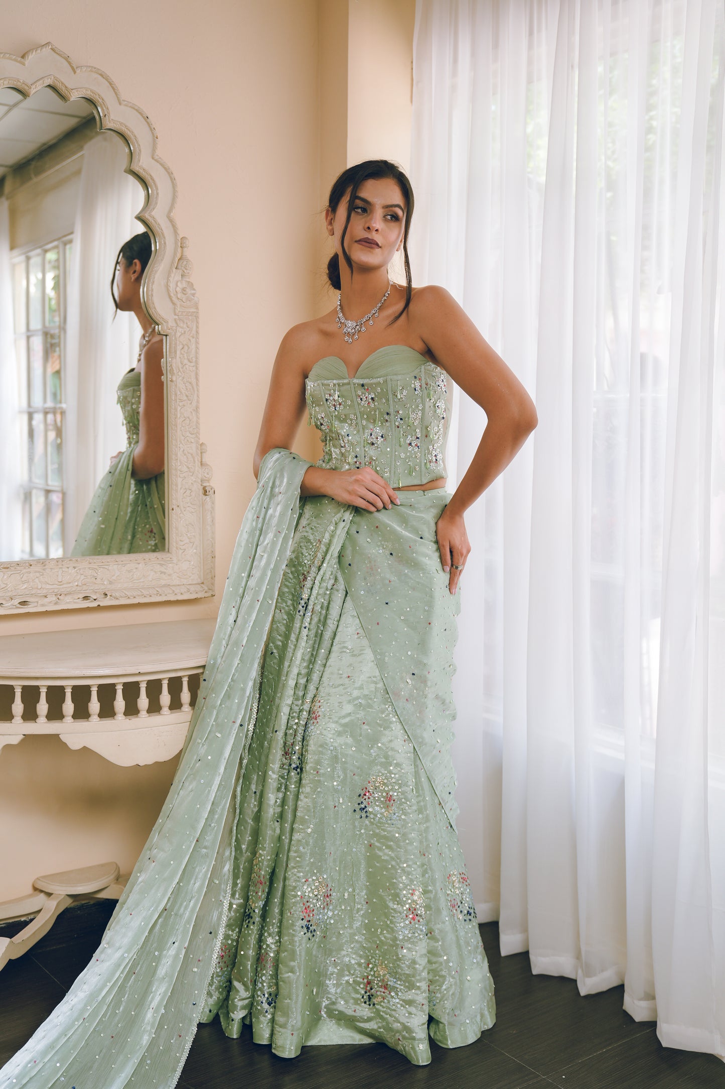 Pista green corset draped saree