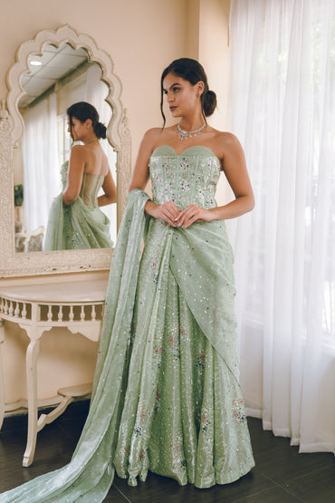 Pista green corset draped saree